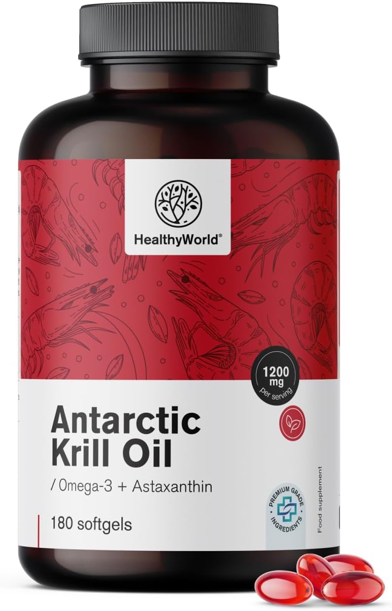 Detalle de HealthyWorld Krillolie 1200 mg met omega 3, astaxanthine en 180 capsules