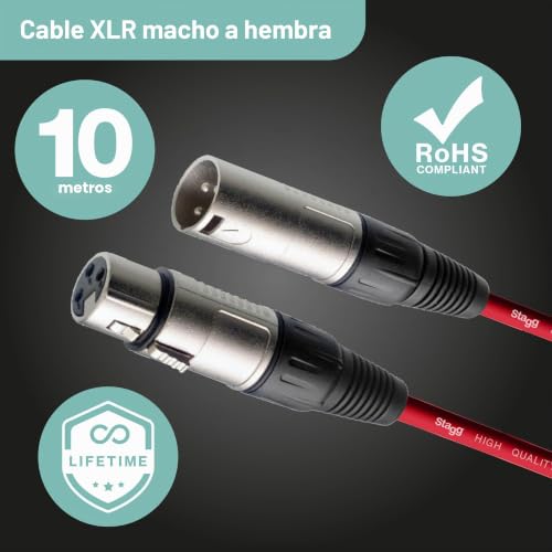 Detalle de Stagg SMC10 CRD Cable de micrófono XLR macho a hembra 10 m, rojo