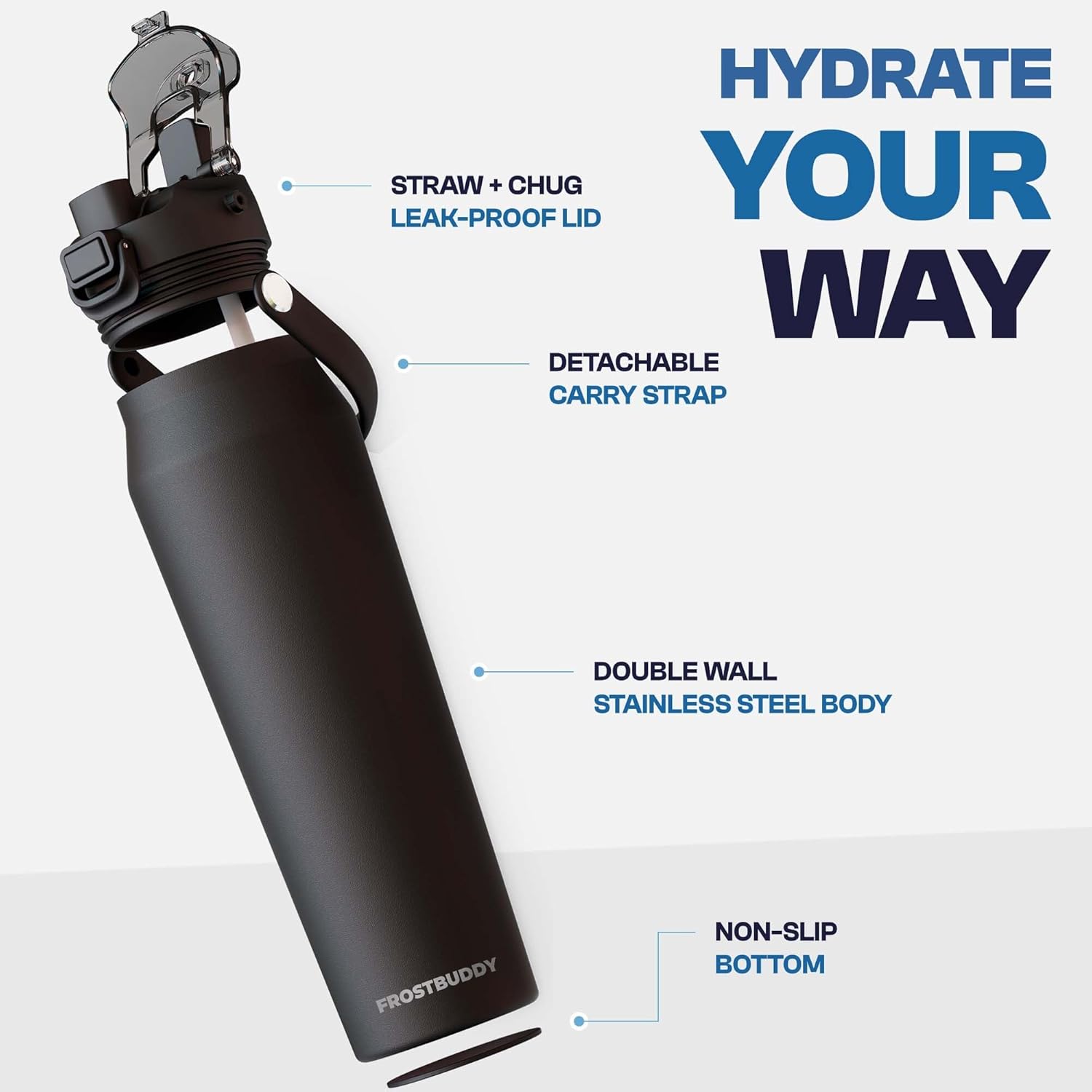 Thumbnail 2 de Frost Buddy 32oz Insulated Water Bottle with Straw & Chug Lid — Leak-Proof Stainless Steel Hydration