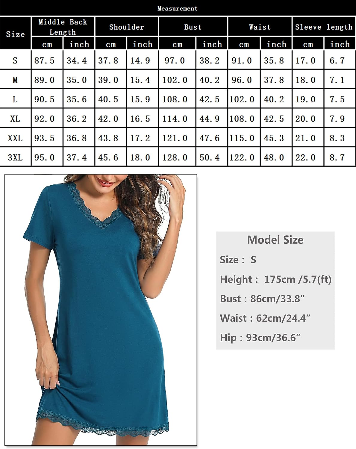 Detalle de Bresdk Chemise de nuit femme manches courtes avec dentelle et col V