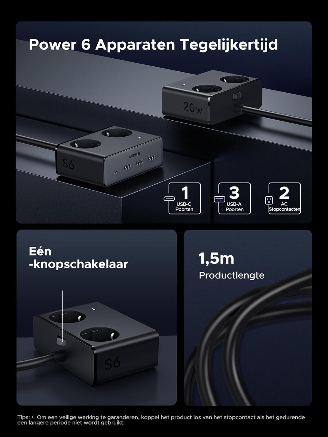 Detalle de UGREEN 6-in-1 stekkerdoos met 20W USB-C, schakelaar en overspanningsbeveiliging