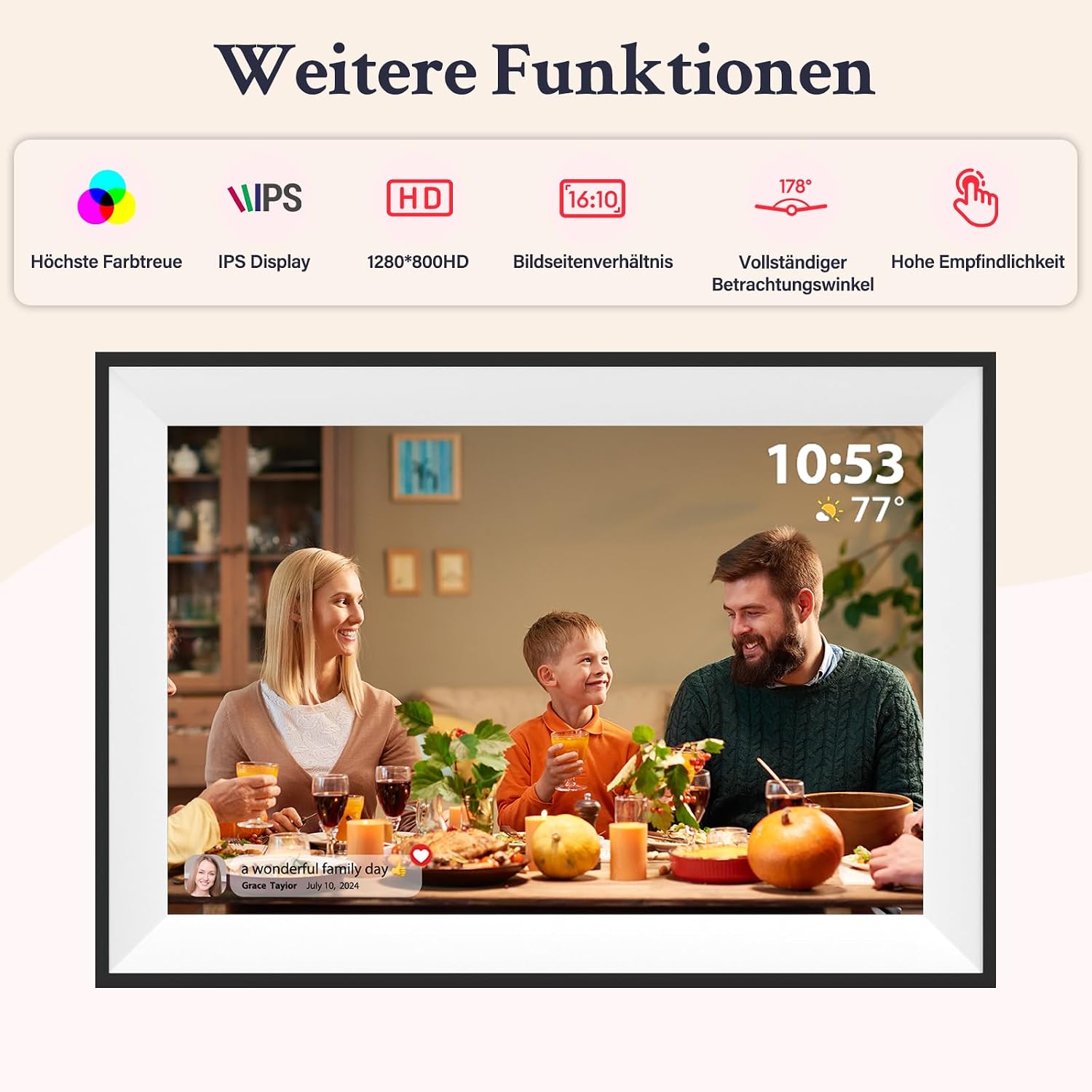 Detalle de Frameo Digitaler Bilderrahmen WLAN 10,1 Zoll – 32 GB, 1280x800 IPS Touchscreen, automatische Drehung, Wandmontage, App-Sharing