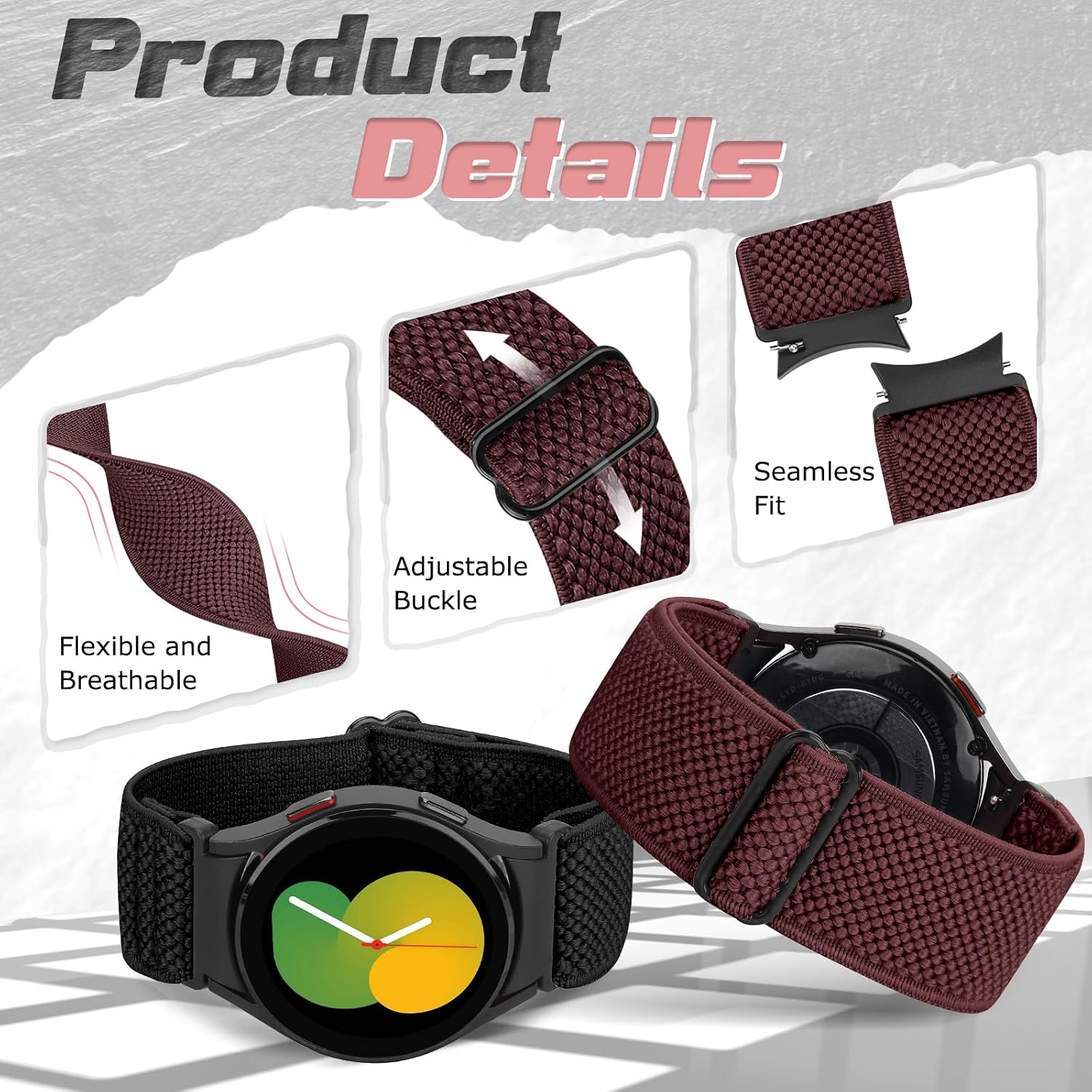 Detalle de Yunshare Elastic Watch Straps for Samsung Galaxy Watch 7/6/5/4/FE (Stretch Nylon Solo Loop, 40–47mm)