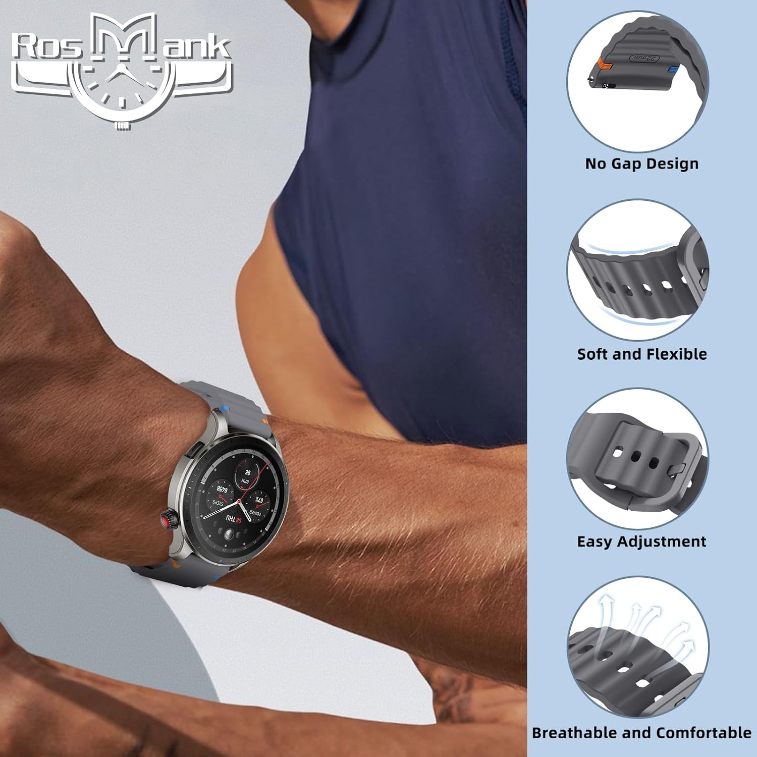 Detalle de RosMank 22mm Silicone Watch Band for Amazfit and Garmin/GX Models