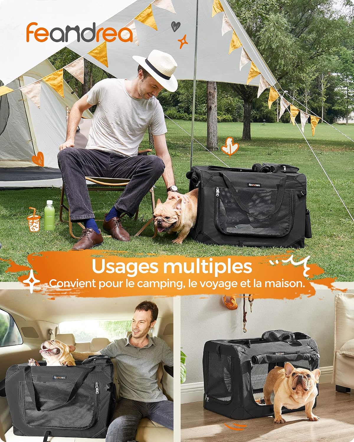 Detalle de Feandrea Sac Transport Chat Chien – Caisse Pliable, 60 x 42 x 42 cm, Noir