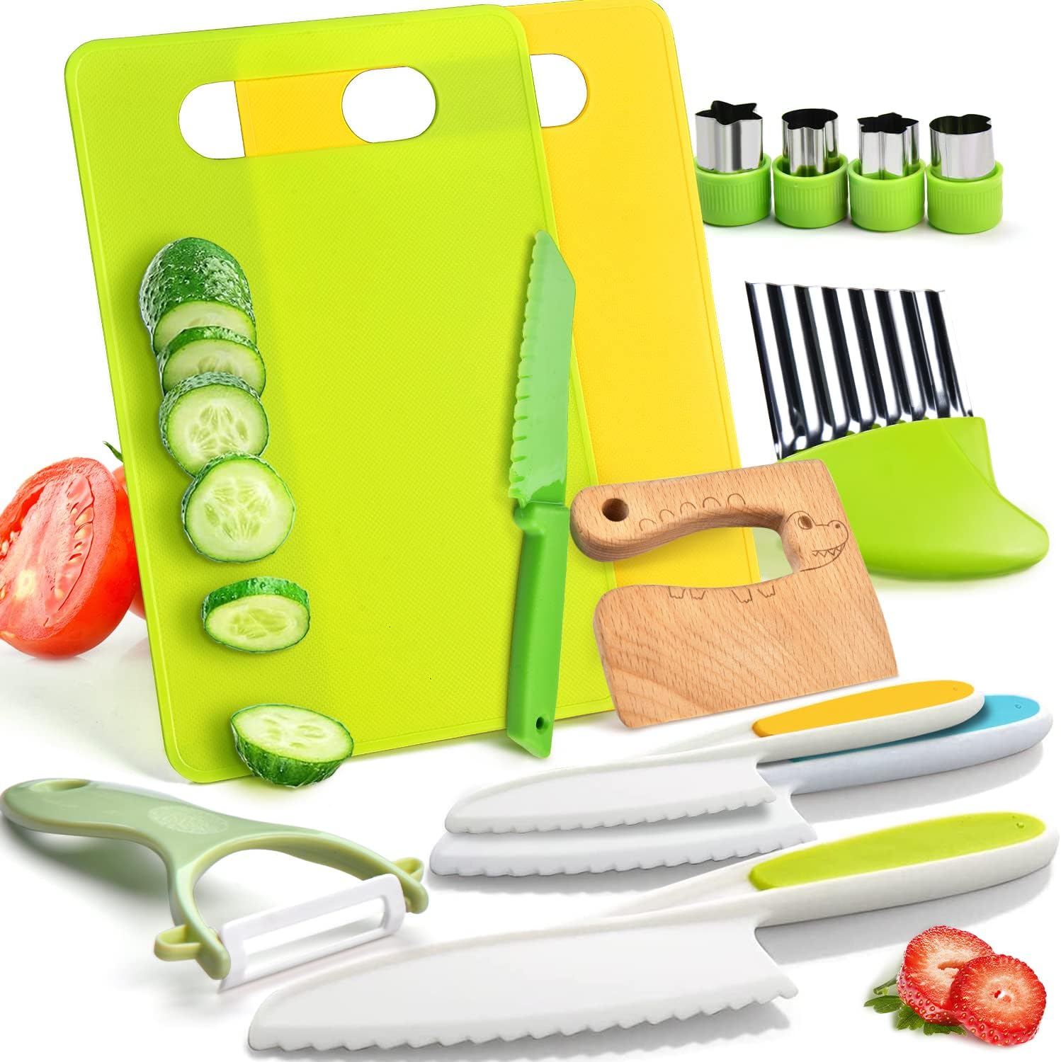 13 Pieces Wooden Kids Kitchen Knives – Toddler Safe Set for Real Cooking