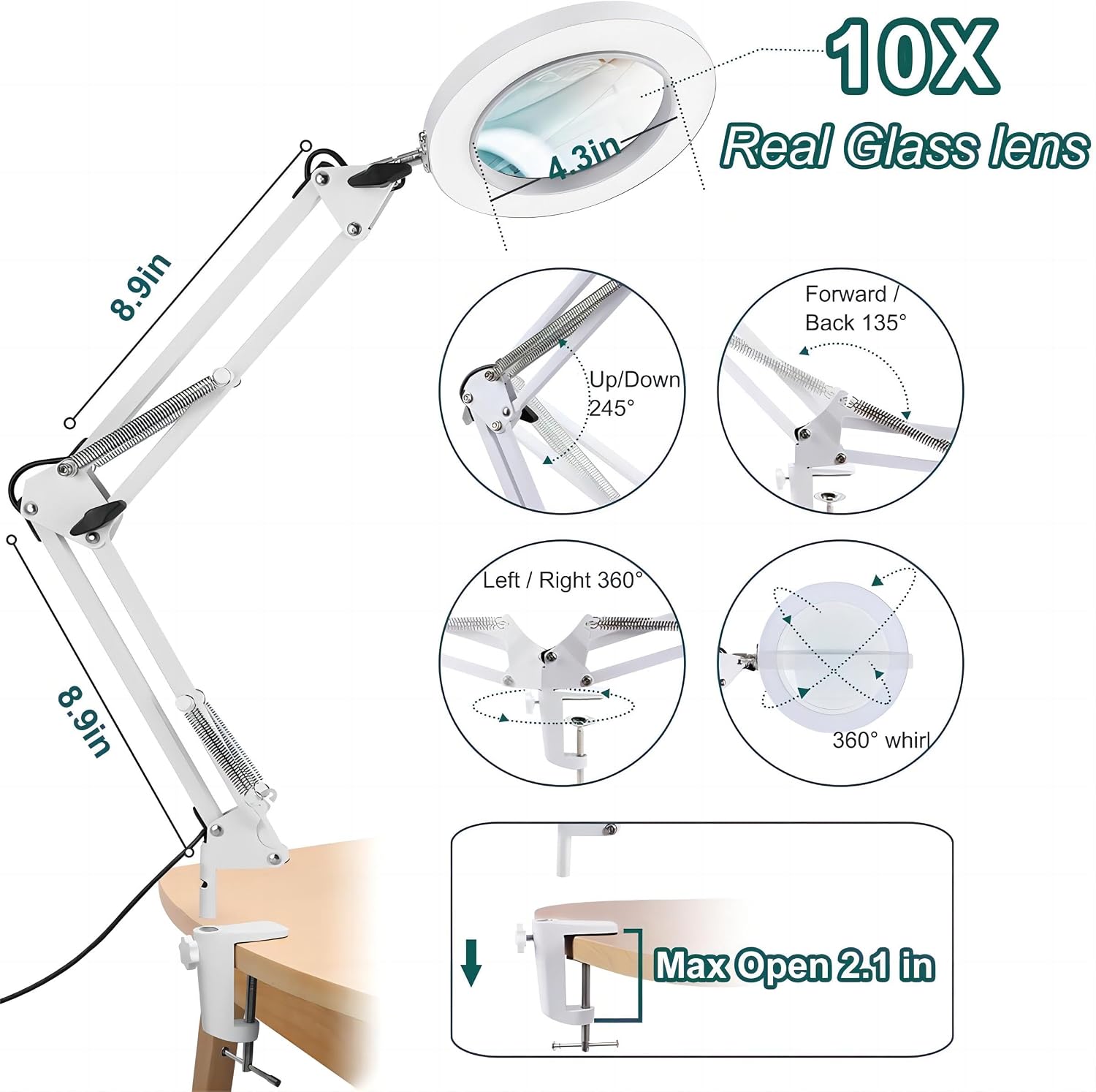 Detalle 1 de Lampada con lente di ingrandimento Kevsuvqin 10x con luce e morsetto, braccio orientabile, 3 modalità colore