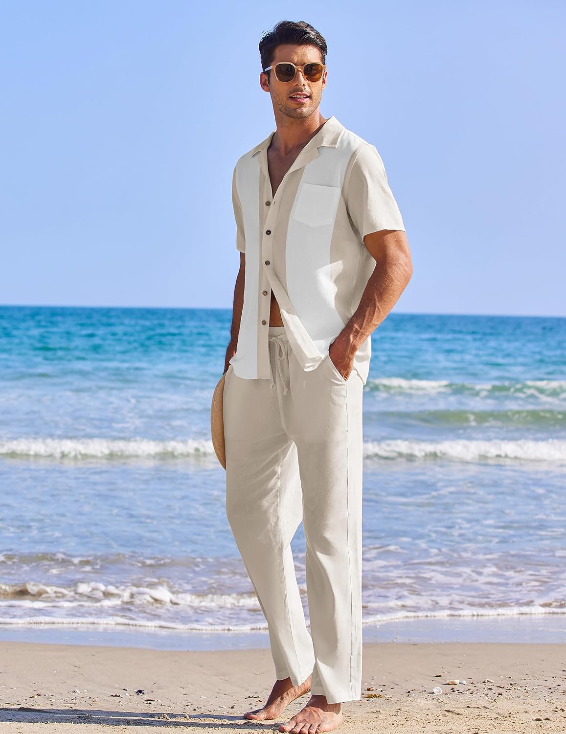 Thumbnail 6 de COOFANDY Men 2 Piece Linen Outfit: Beach Button-Down Shirt & Loose Pant Set