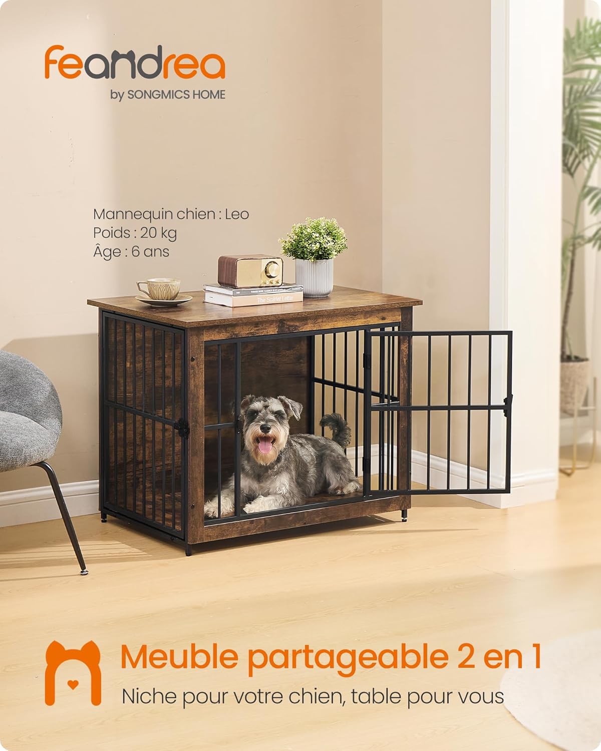 Detalle 2 de Feandrea Meuble Cage pour Chien – Table d’appoint 2 en 1, fond plein, 80x55x64 cm, pour chiens jusqu’à 20 kg