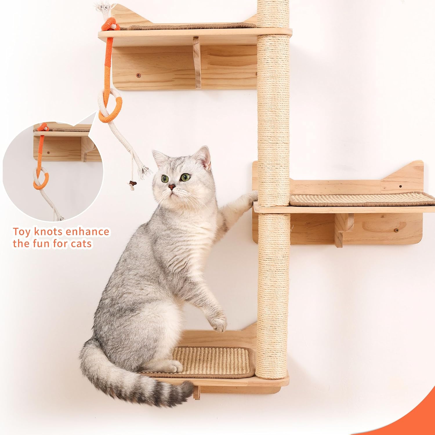 Detalle 2 de MIUZMORE Arbre à chat mural – 7 étagères et perchoirs en sisal pour grimper, gratter et se détendre