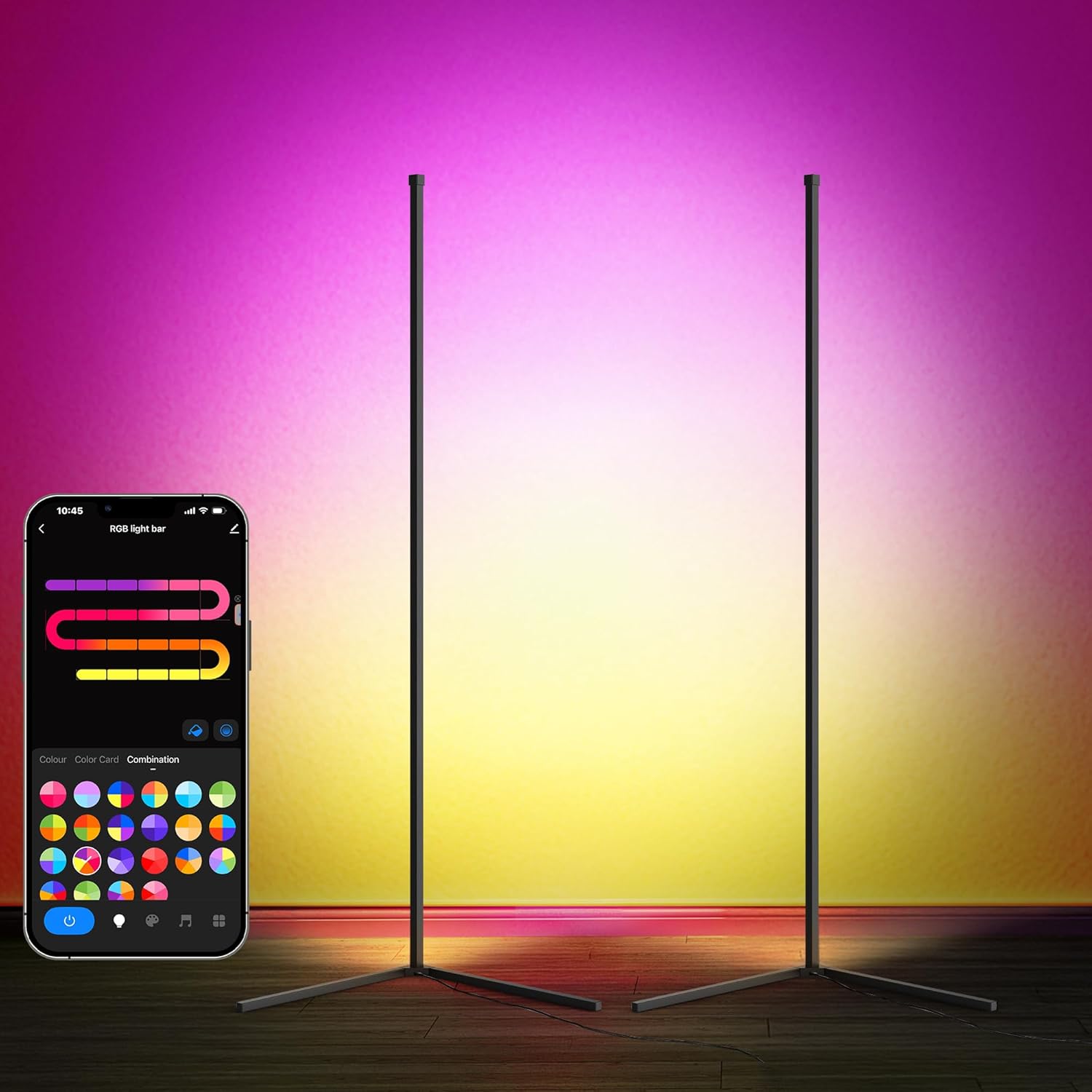 Detalle de LuminexDesigns 2-Pack LED Corner Floor Lamp – Smart RGBIC, 150cm, Black