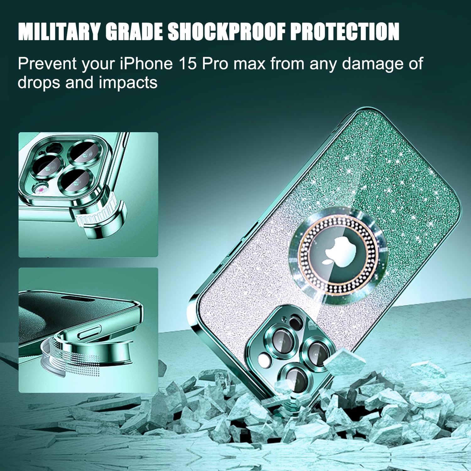 Detalle 2 de Misscase for iPhone 15 Pro Max Magnetic Case with Glitter and Camera Lens Protector