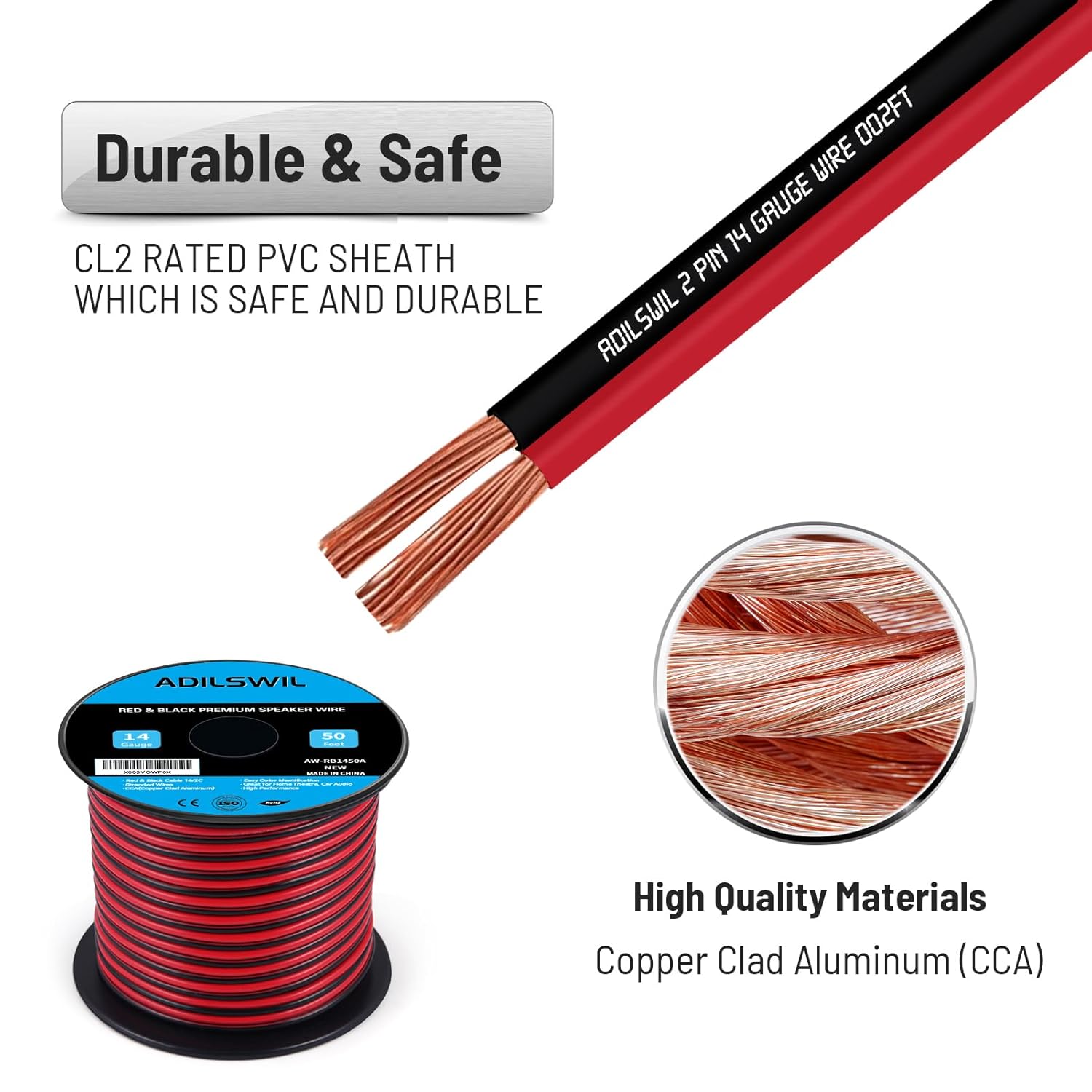 Detalle de ADILSWIL 14AWG 50FT Speaker Wire: Dual-Conductor Red/Black CCA Cable for Low-Voltage Installations