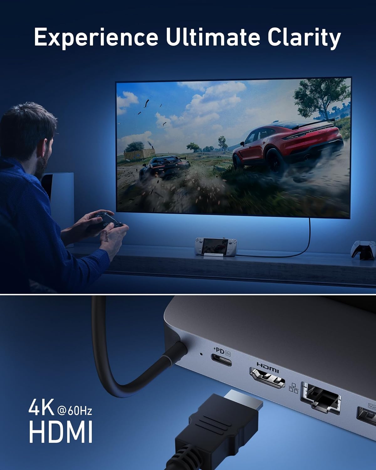 Detalle de Anker A83S1 Steam Deck Dock, 4K@60Hz HDMI, 1Gbps Ethernet, 100W PD-IN