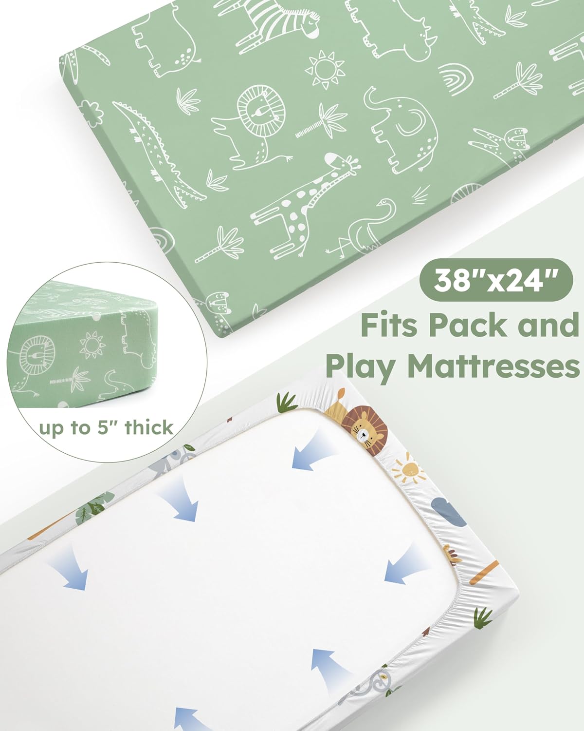 Thumbnail 5 de Nyessmee Pack and Play Sheets, 2-Pack, 38" x 26", Green Animals