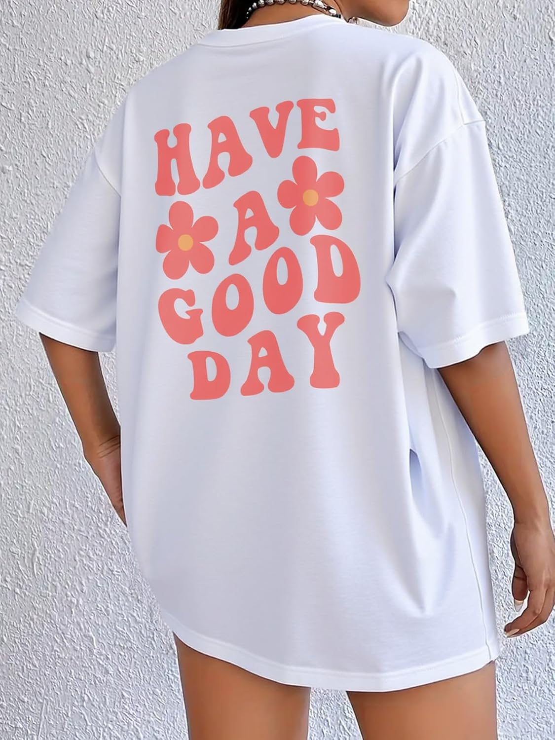 Detalle de Oversized Damen T-Shirt aus Baumwolle (Kurzarm, Rundhalsausschnitt) mit Druck – Sommer Casual Top für lässige Outfits