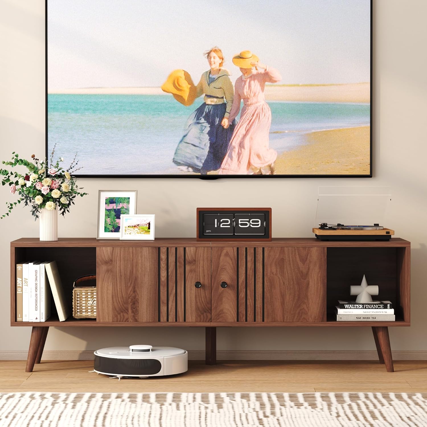 Detalle de HOMEFORT 021A Mid-Century TV Stand, Walnut, Sliding Doors and Cable Holes