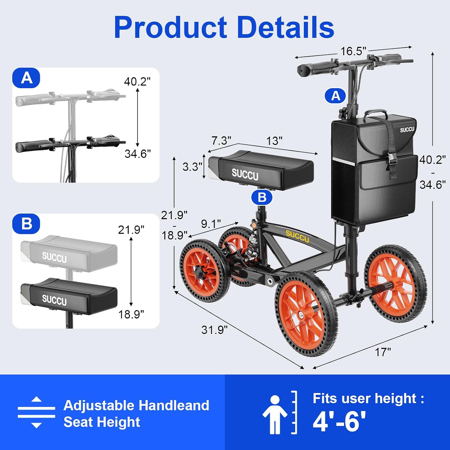 Detalle 2 de SUCCU All-Terrain Knee Scooter, 11-Inch PU Wheels, 300 lb Capacity