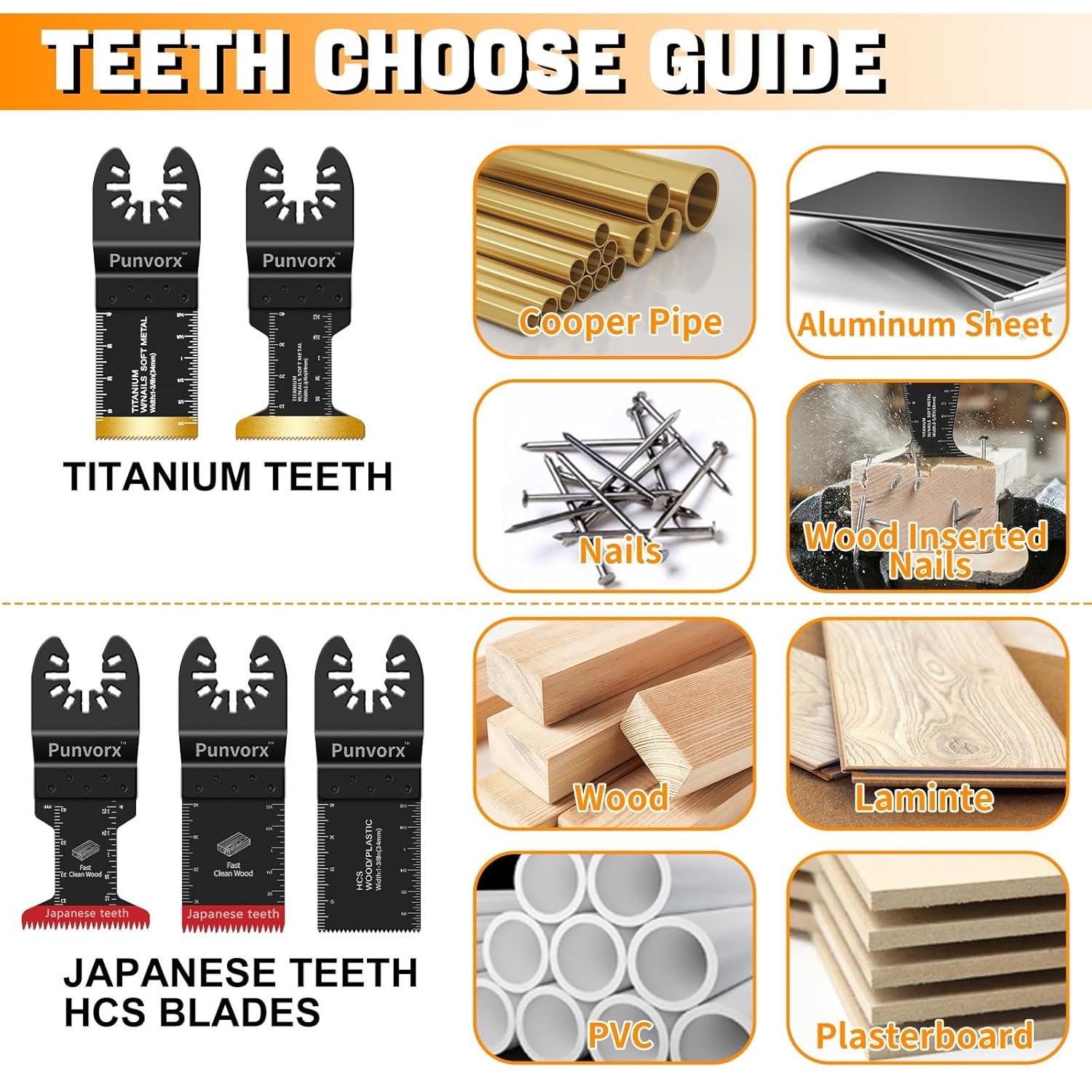 Detalle 2 de Punvorx 32Pcs Titanium & HCS Multi Tool Blades with Japanese-Teeth for Wood Metal Nails Cutting – Universal Quick-Release Oscillating Blade Set