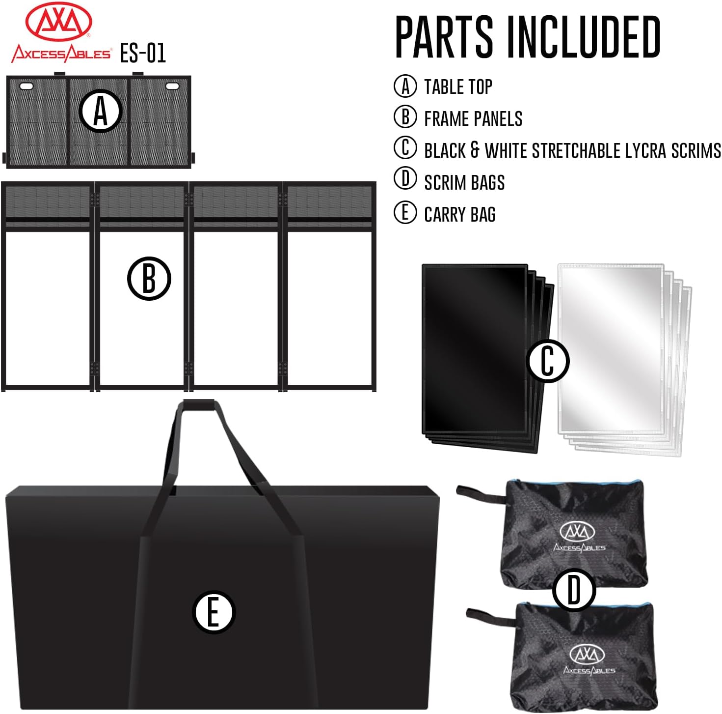 Detalle de AxcessAbles ES-01 Portable DJ Facade Booth, 40" x 20", Black & White Scrims