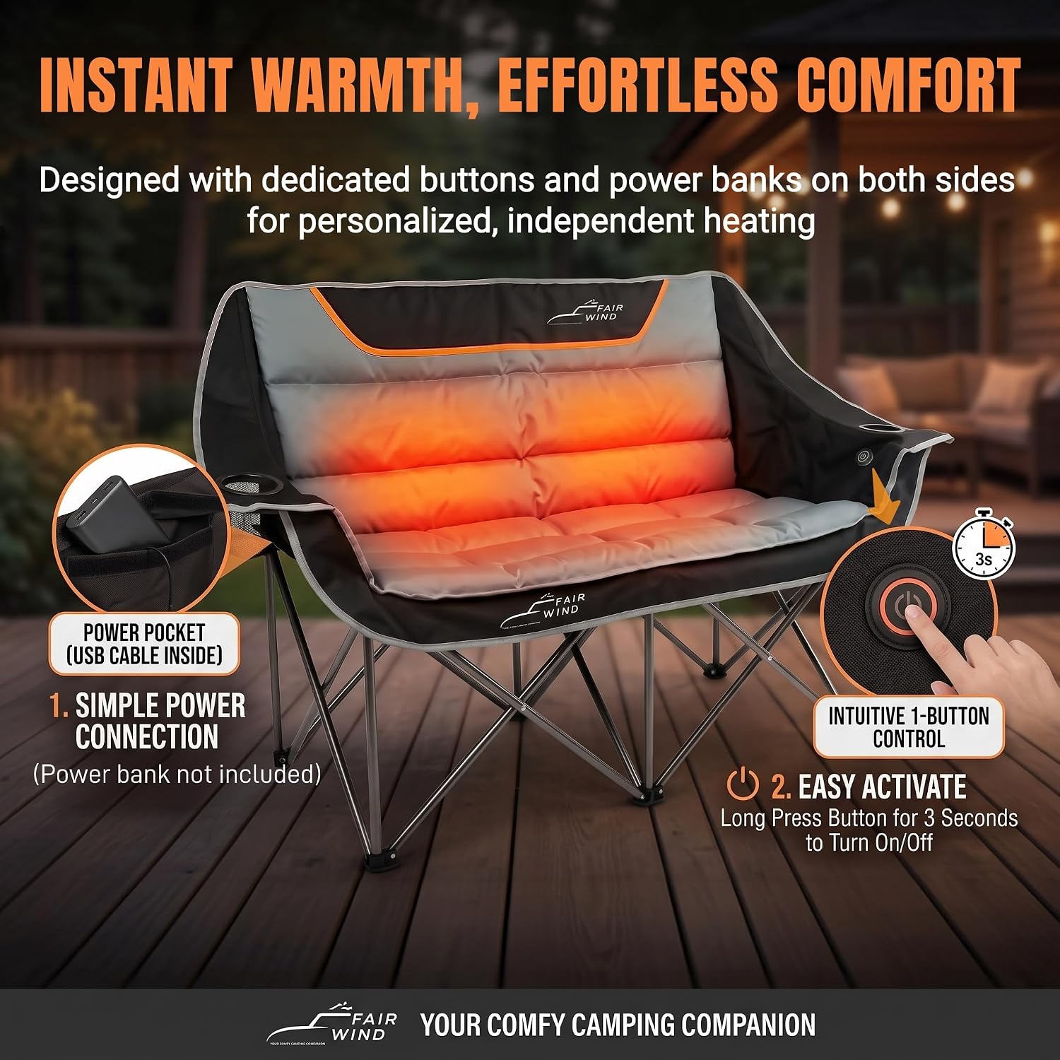 Thumbnail 6 de FAIR WIND LS001-HC Heated Oversized Camping Loveseat, 3 Heat Levels