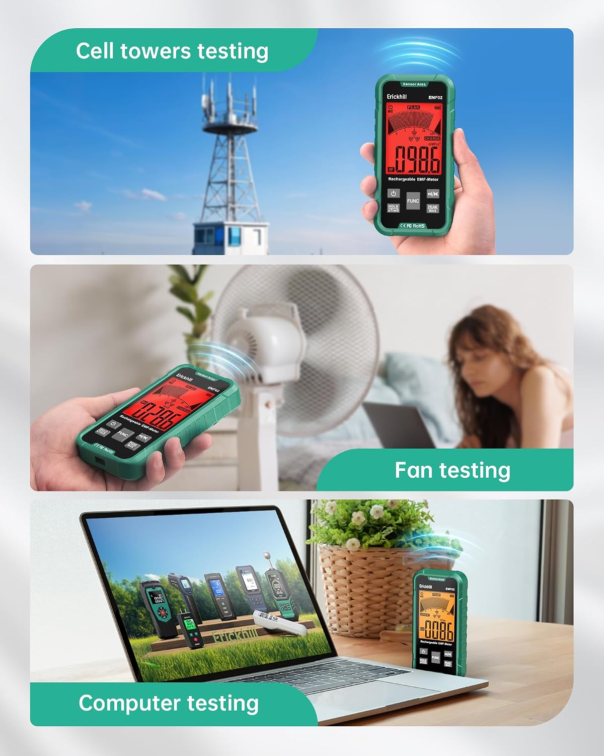Detalle 1 de ERICKHILL EMF Meter: 3-in-1 Portable EMF Reader for EF, MF & RF