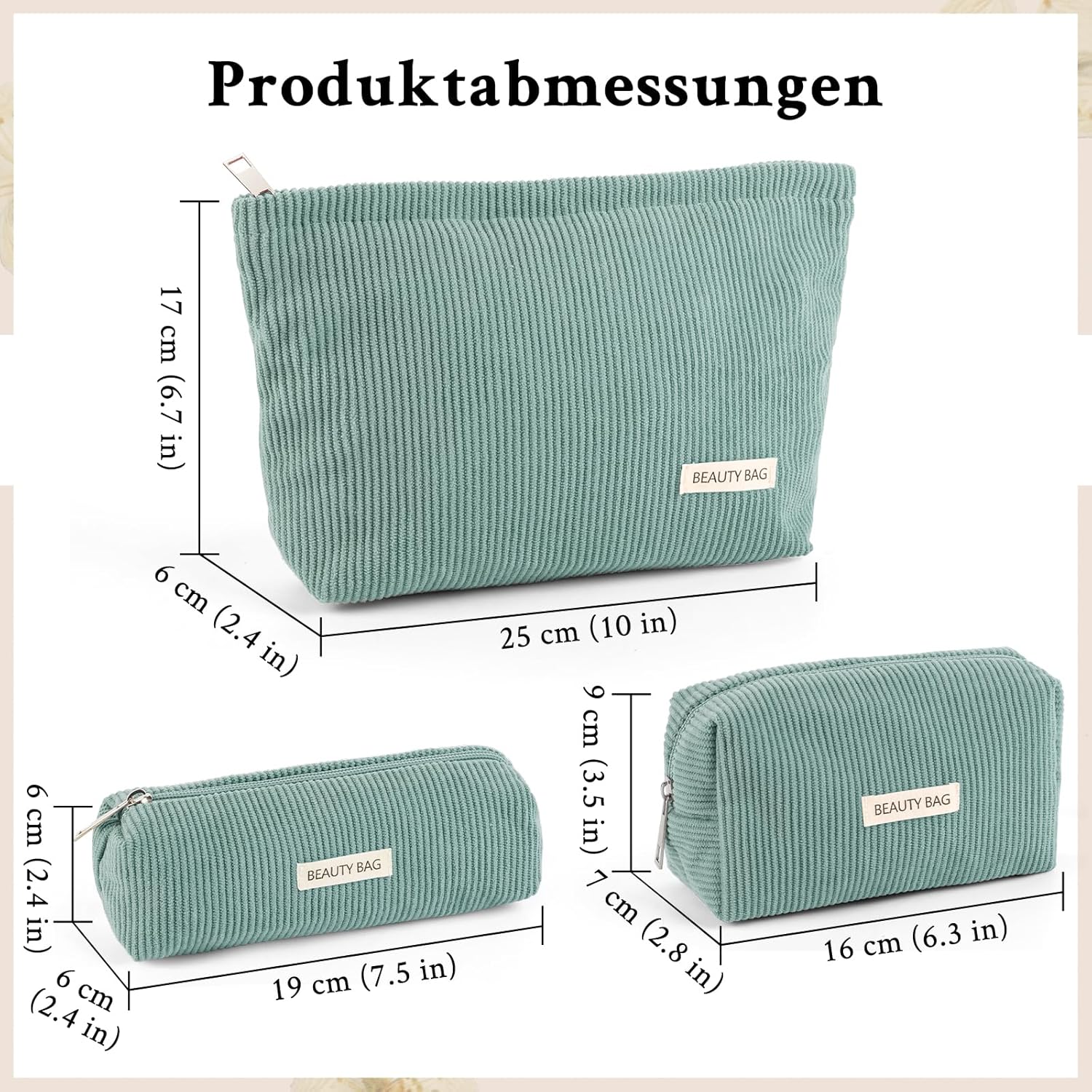 Detalle de Kosmetiktasche Damen 3 Stück – Kulturtasche mit Reißverschluss, grün, 3 Größen (Klein, Mittel, Groß) für Reisen und Alltag