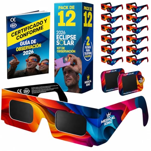 Detalle de Medical king | 12 Gafas Eclipse Solar ISO 12312-2 – kit completo para observar el eclipse 2026