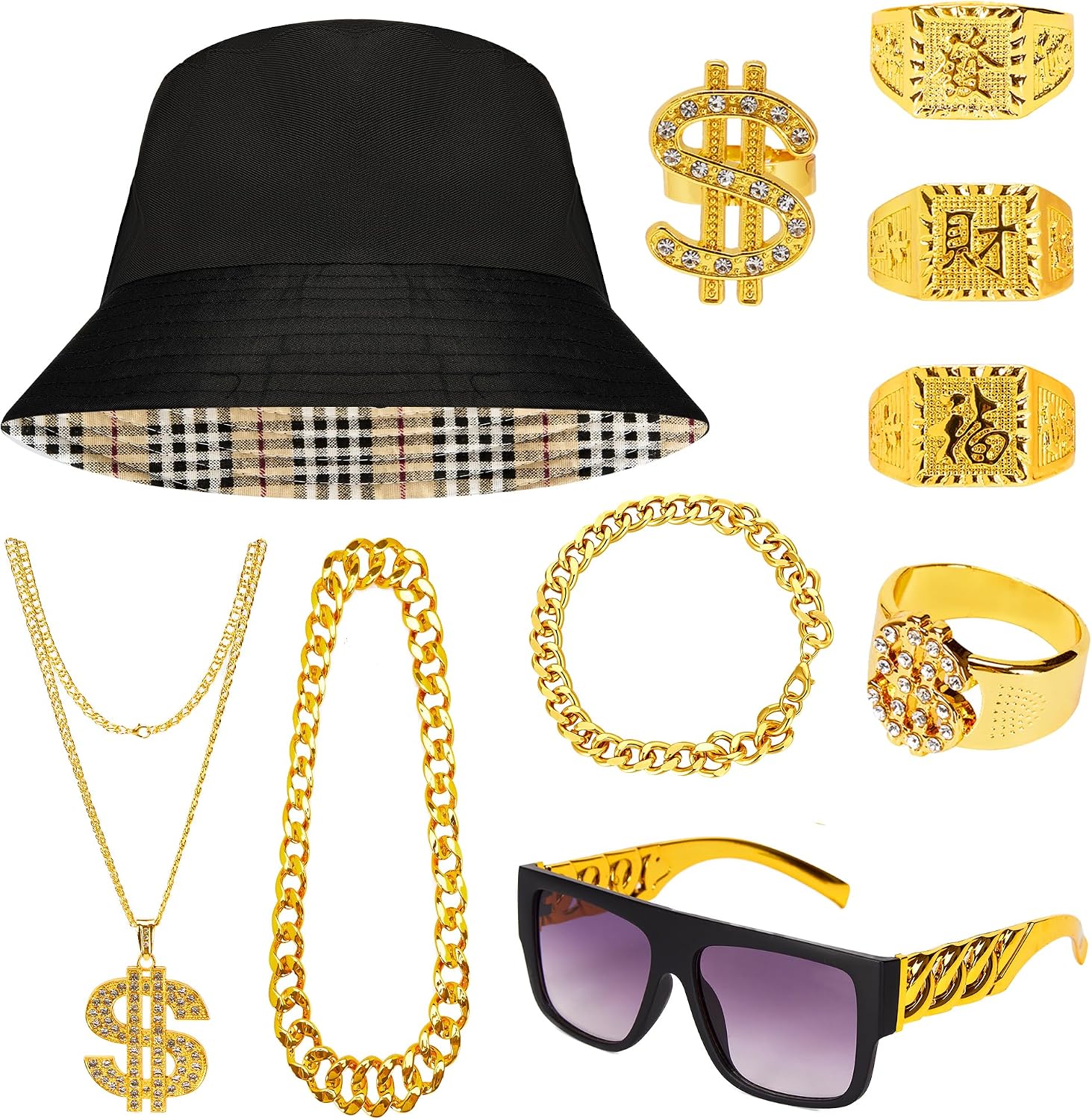Hip Hop Costume Kit – Gold Chain, Dollar Sign Necklace & Accessories