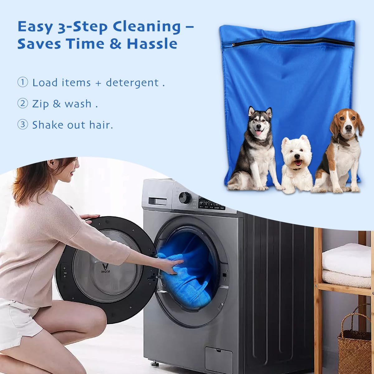 Detalle de Pet Laundry Bag for Washing Machine with YKK Zip – Large Capacity Hair Catcher (Blue, M)