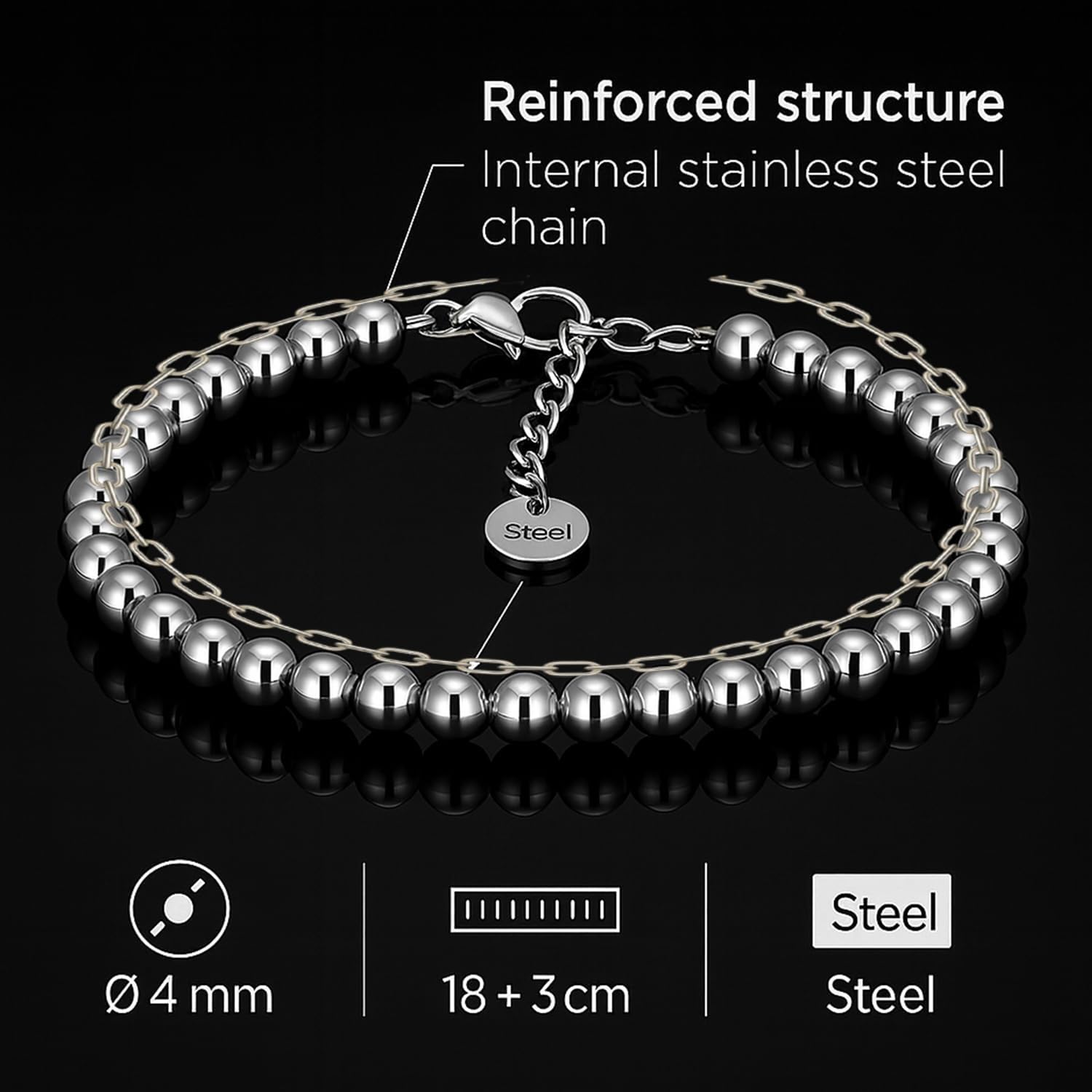 Thumbnail 4 de SAGA GIOIELLI Bracciale Unisex Uomo Donna 18+3 cm in Acciaio con Sfere 4 mm – confezione regalo