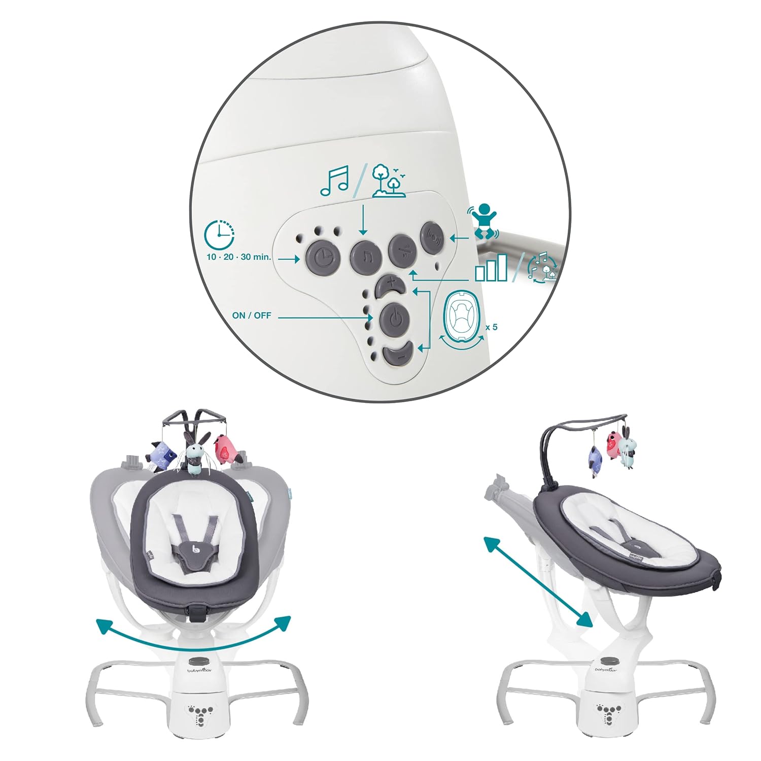 Detalle de Babymoov Babyschaukel Swoon Motion Zink – 180° Sitz, 360° Drehung, 5 Geschwindigkeiten, Bewegungssensor