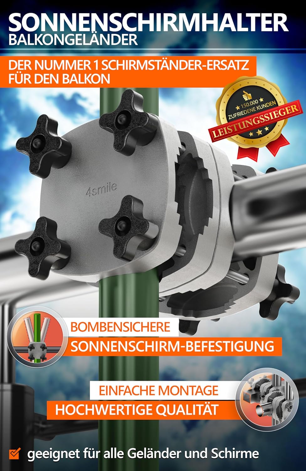 Thumbnail 1 de 4smile Sonnenschirmhalter Balkongeländer SunnyGuy, Anthrazit – Bombensichere, universelle Halterung für Balkonsonnenschirme
