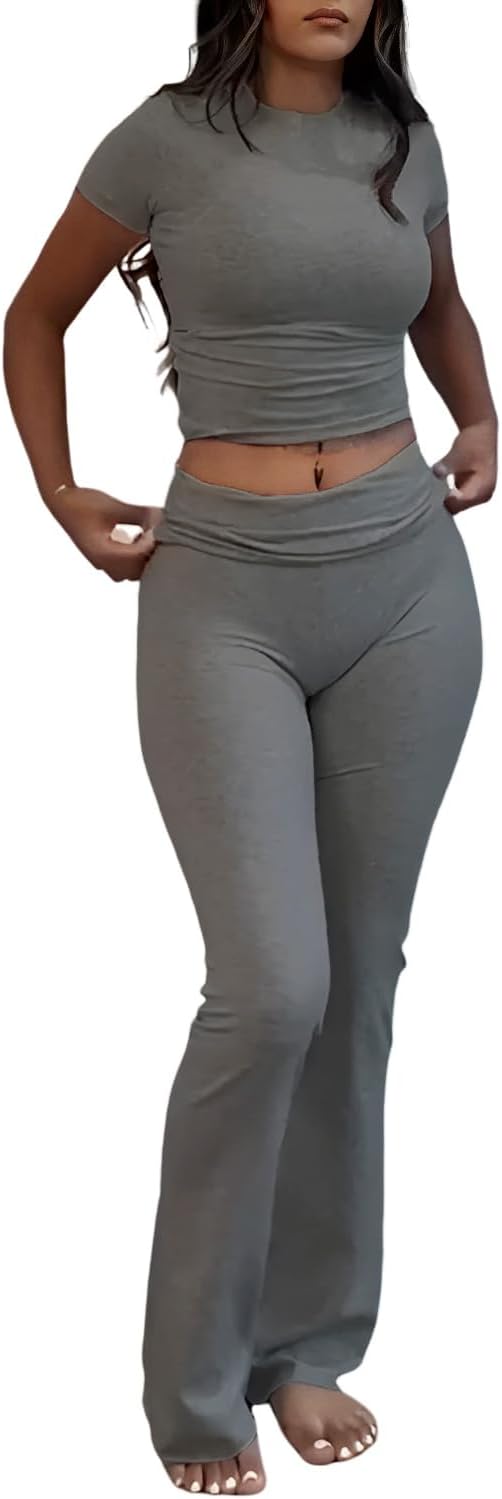 Thumbnail 5 de ZFLM Casual Workout Two-Piece Set: Short Sleeve Crop Top & High-Waist Foldover Flare Pants