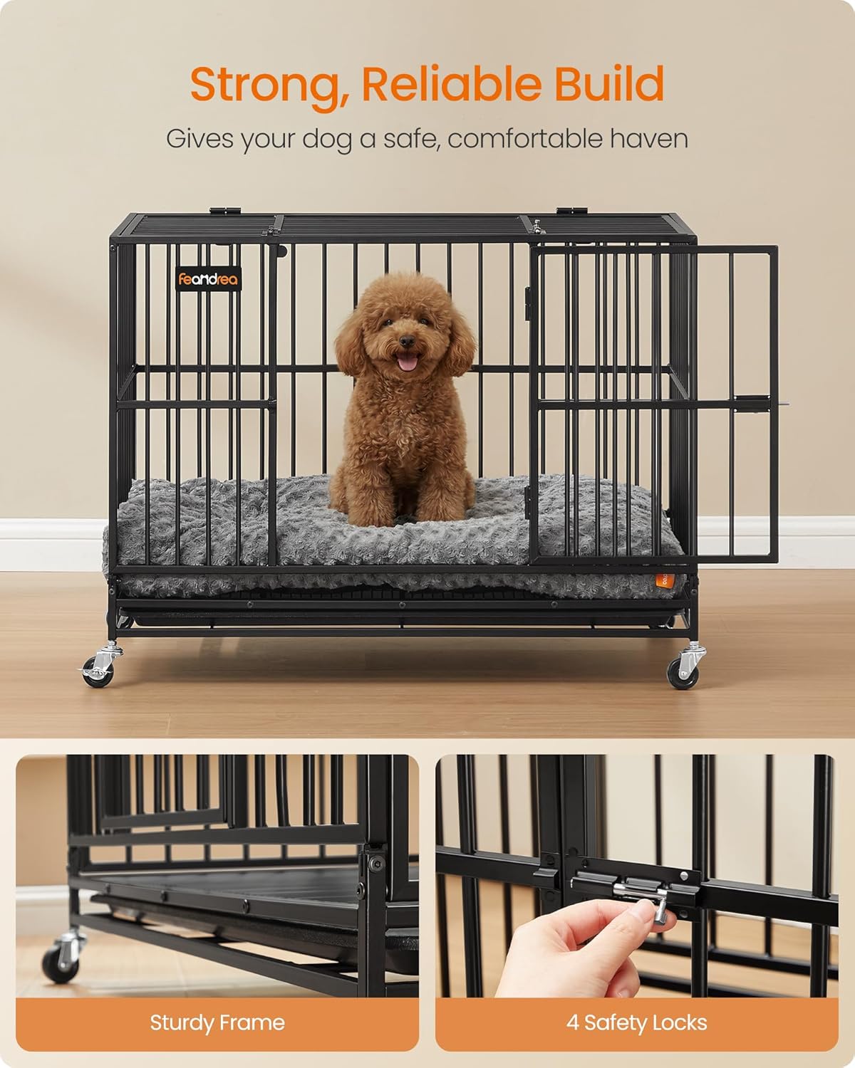 Detalle de Feandrea Heavy-Duty Dog Crate, 5-Minute Quick Assembly, Foldable Kennel with Lockable Wheels