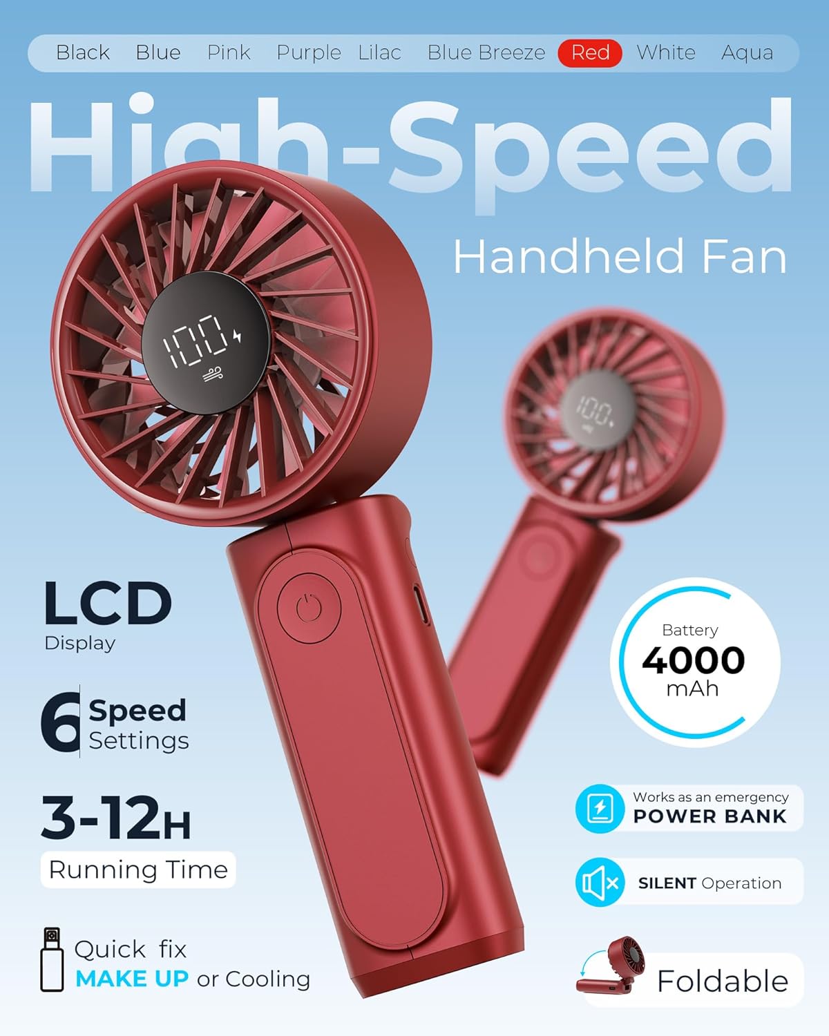 Thumbnail 1 de Peiyuu Handheld Fan: Portable 4000mAh, 6-Speed, 180° Foldable Mini Fan for Home, Office, Travel