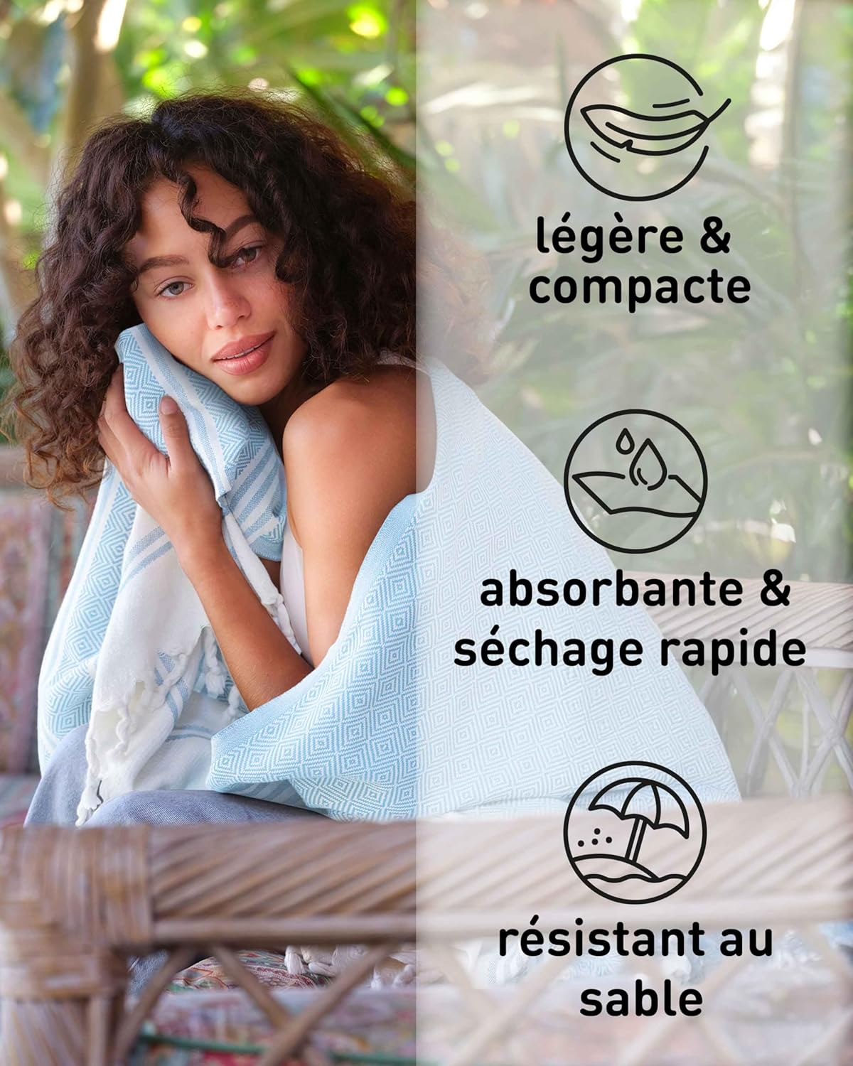 Thumbnail 5 de Fit-Flip Fouta en coton 100% hammam 100x200 cm Diamond – serviette de plage légère à séchage rapide, bleu glacé