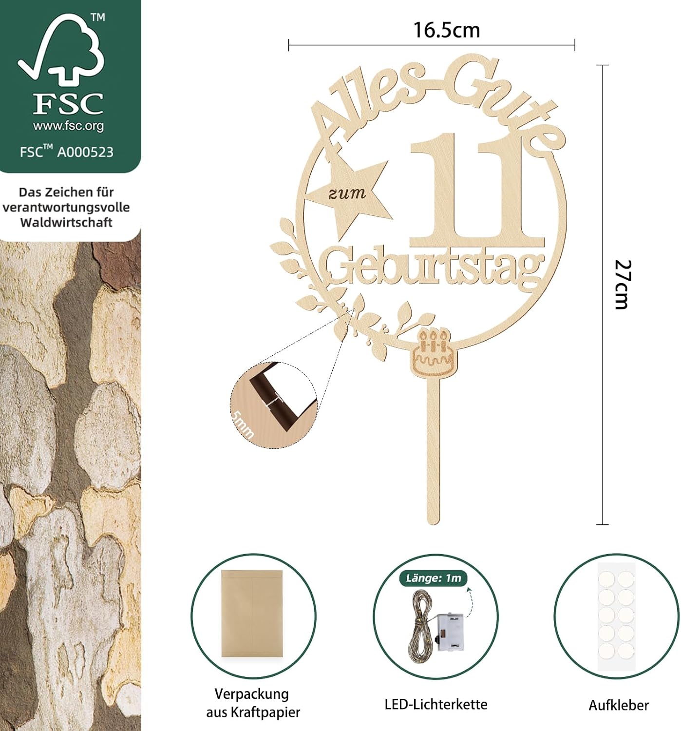 Detalle de Giftota Cake Topper 11. Geburtstag Holz mit LED-Lichterkette – dekorativer Tortenspitzen-Aufleger