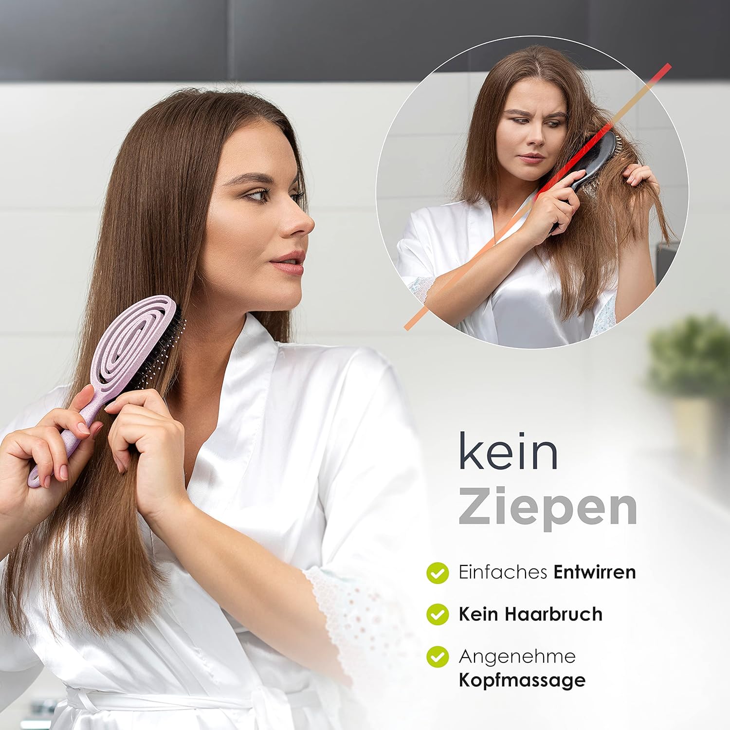 Thumbnail 4 de FABCARE Bio Haarbürste mit Wildschweinborsten rund (Rosa) – Detangler-Bürste mit Doppelspiralfeder inkl. E-Book