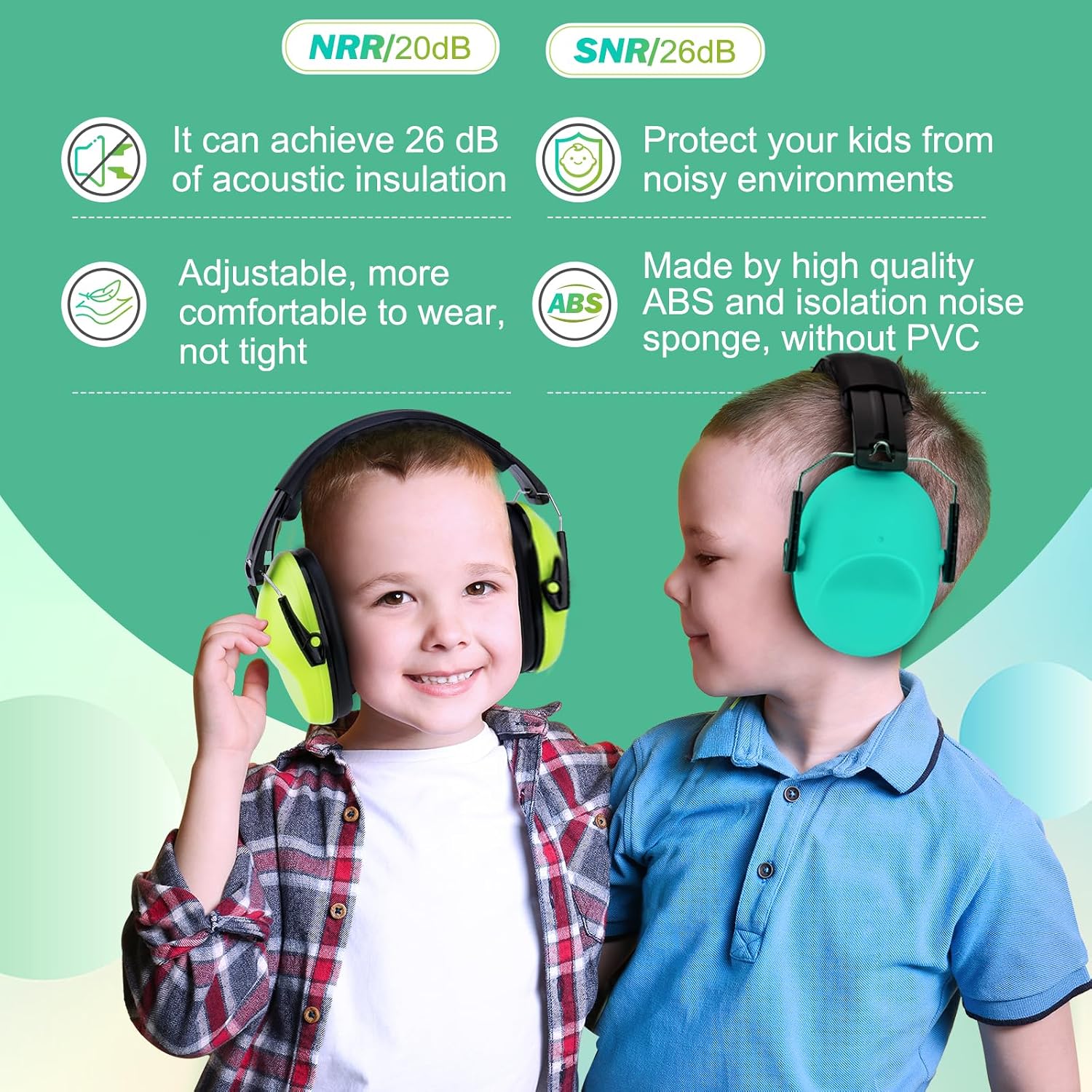 Thumbnail 1 de Kriogor 2 Pack Kids Ear Defenders (Green & Mint) with 26dB SNR Noise Reduction