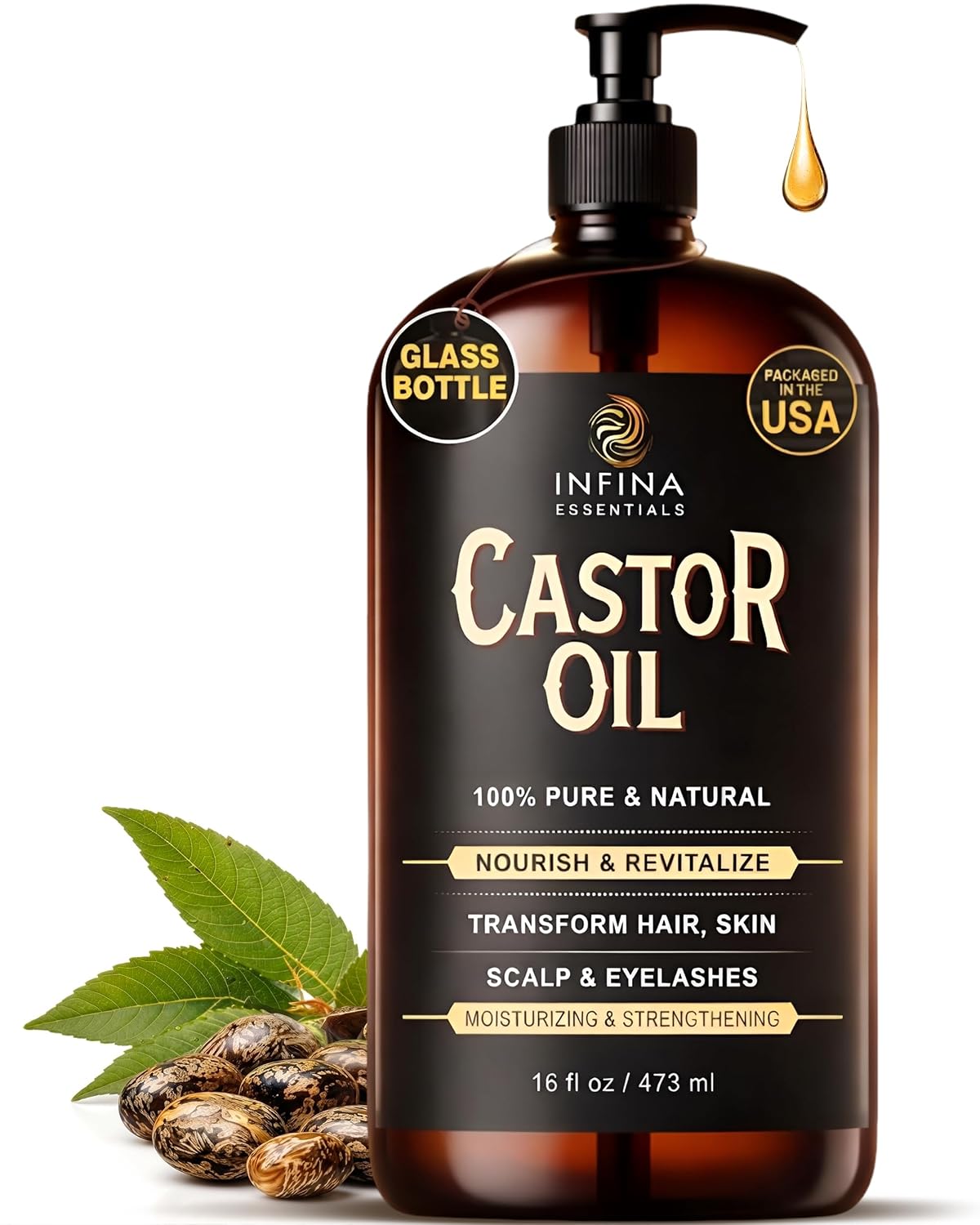 Detalle de INFINA ESSENTIALS Pure Cold Pressed Castor Oil (Hexane Free) — 16 fl oz Glass Bottle for Hair, Scalp, Skin & Eyelashes