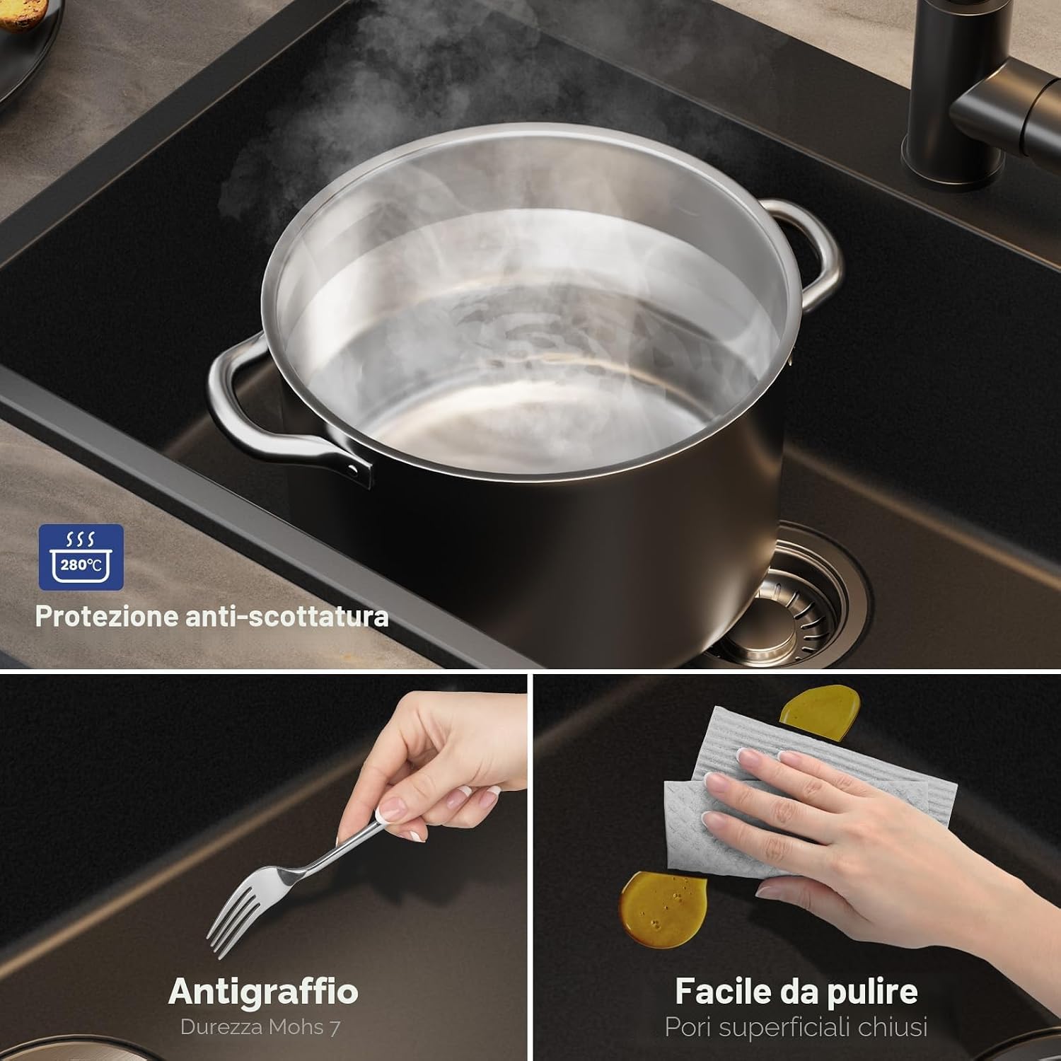 Detalle 2 de Sofetiy Lavello da Cucina in Granito Nero 70x45 cm – Lavello moderno rettangolare con 2 fori, set incasso