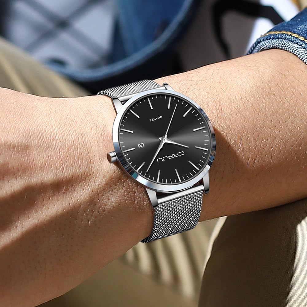 Detalle de CRRJU Herren-Uhr ultra dünn (schwarz) – wasserdichtes Mesh-Armband mit Quarzwerk
