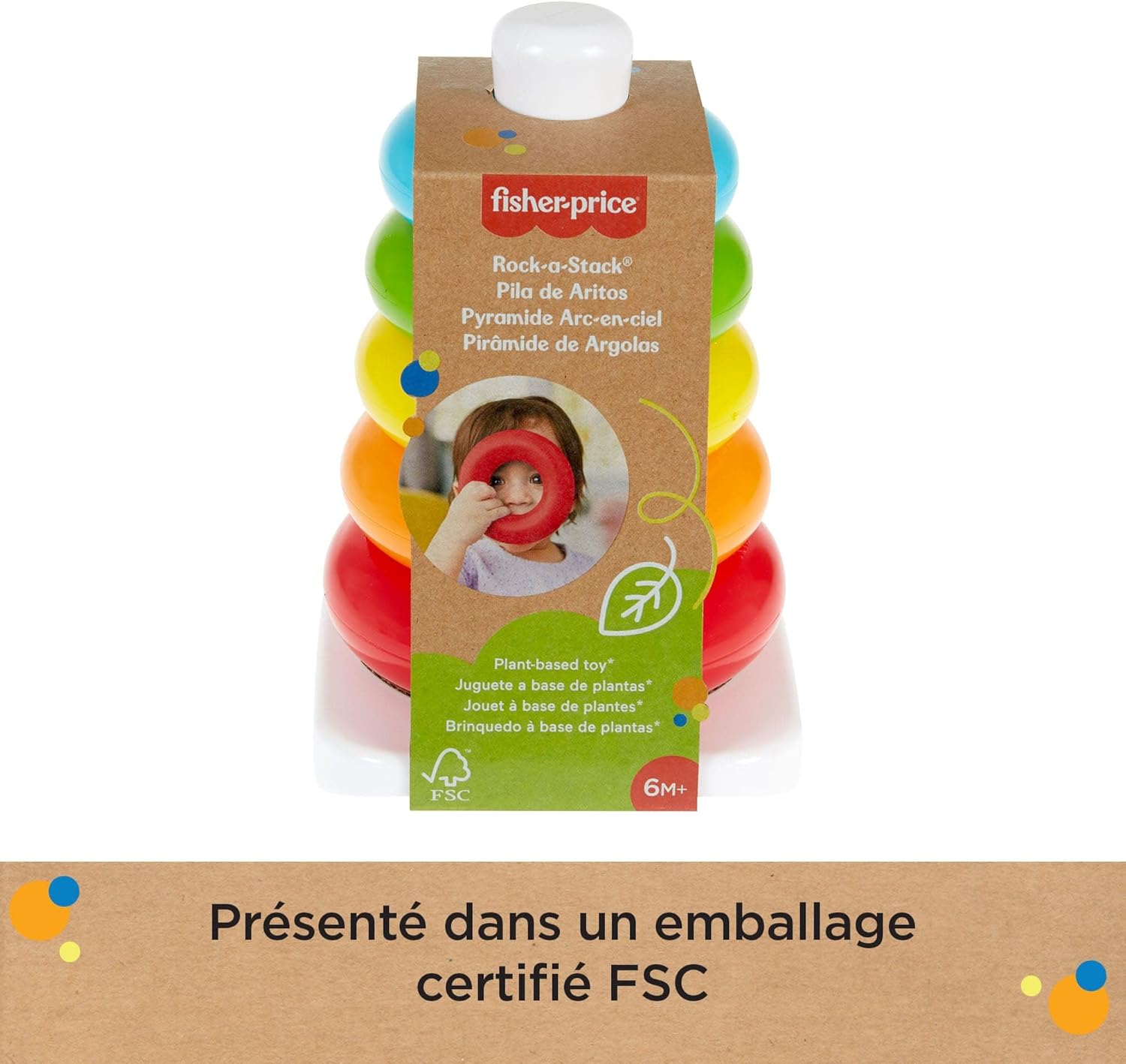 Thumbnail 4 de Fisher-Price HPY92 Jouet culbuto à empiler pyramide arc-en-ciel avec 5 anneaux colorés