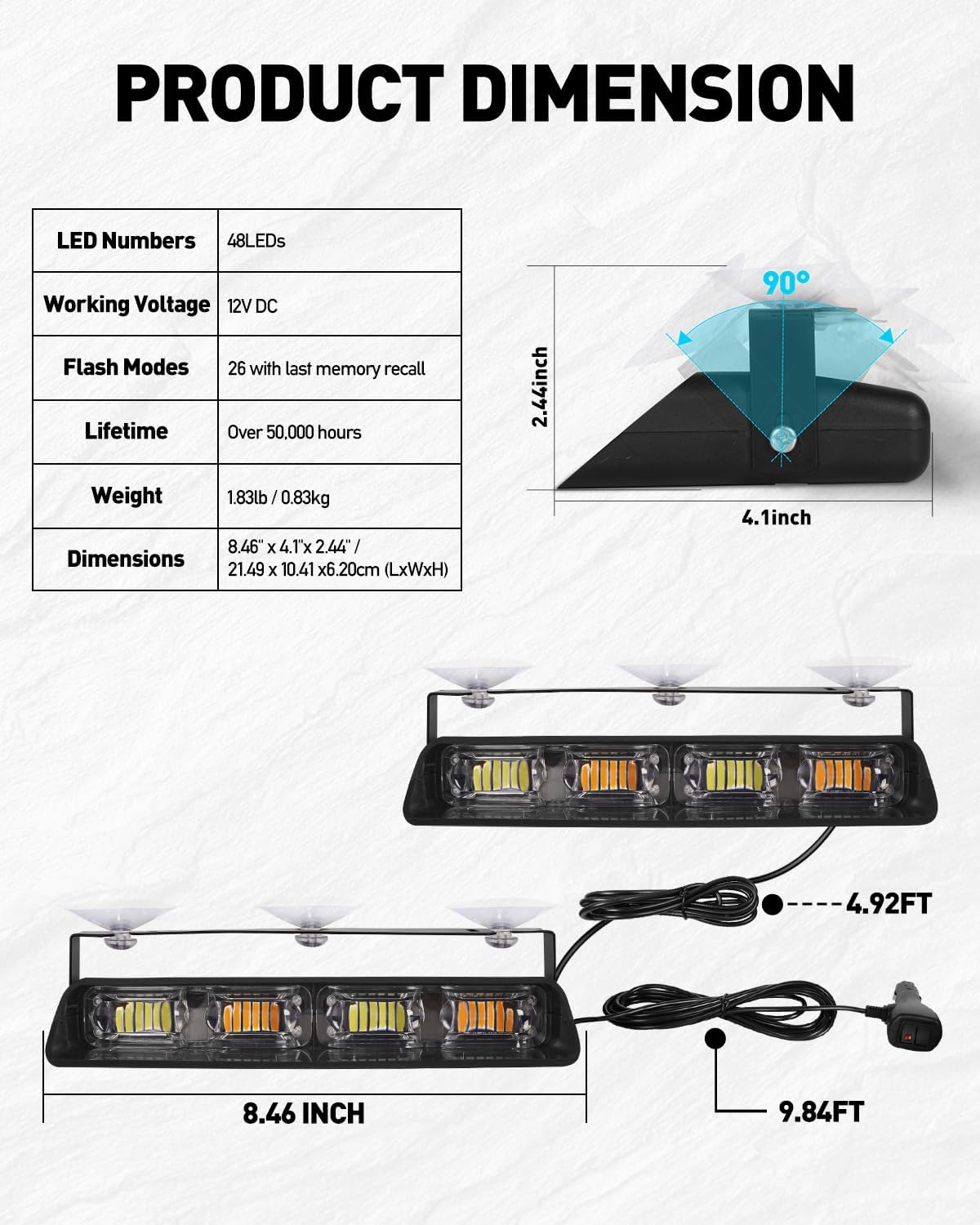 Thumbnail 6 de HLauto 2002L Emergency Dash Strobe Lights: 48-LED Amber/White 2-Pack for Trucks and Construction Vehicles