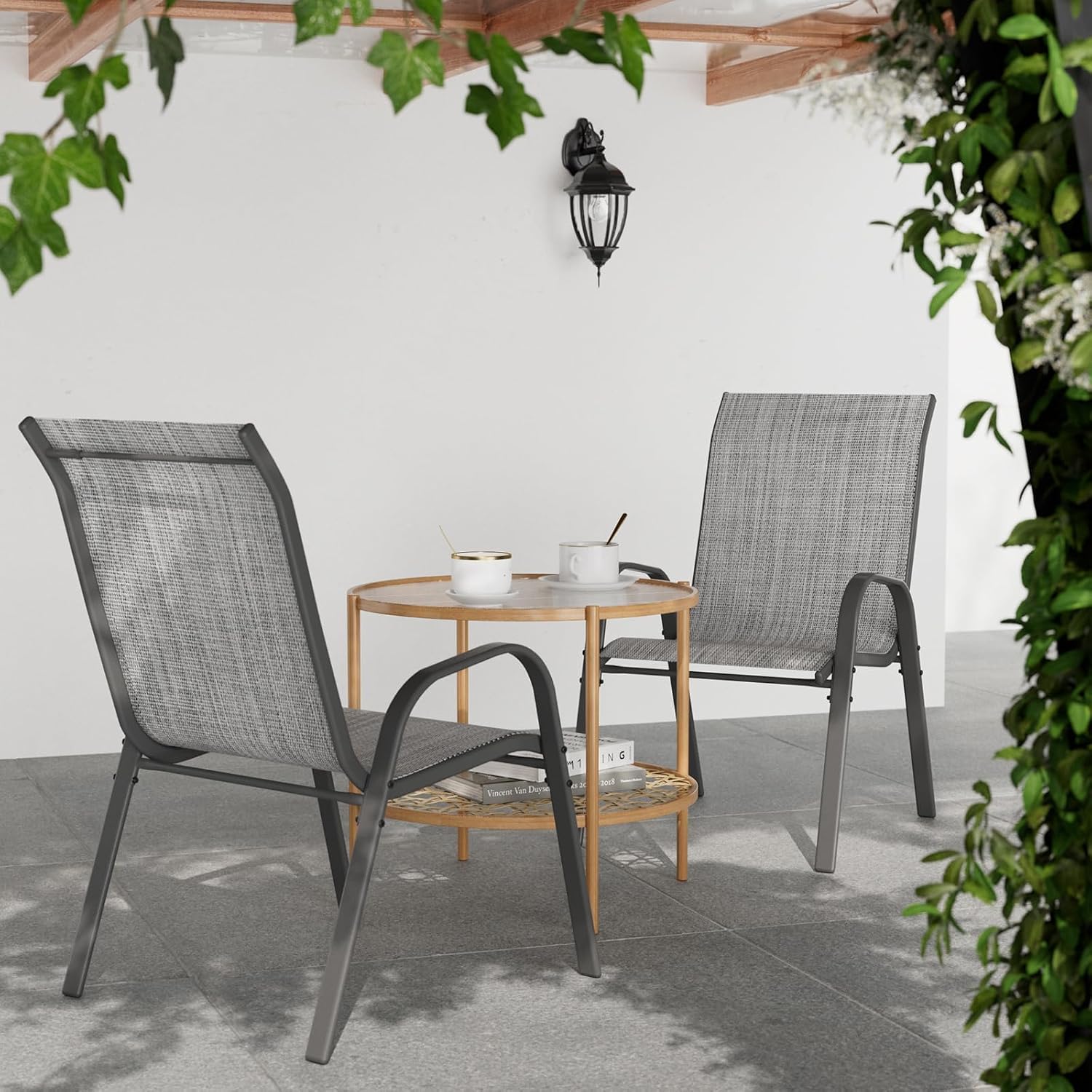Thumbnail 1 de UDPATIO Set di 4 Sedie da Giardino Impilabili – 62 x 67 x 96 cm, schienale alto e braccioli, Tessuto Textilene, struttura in metallo (Grigio)