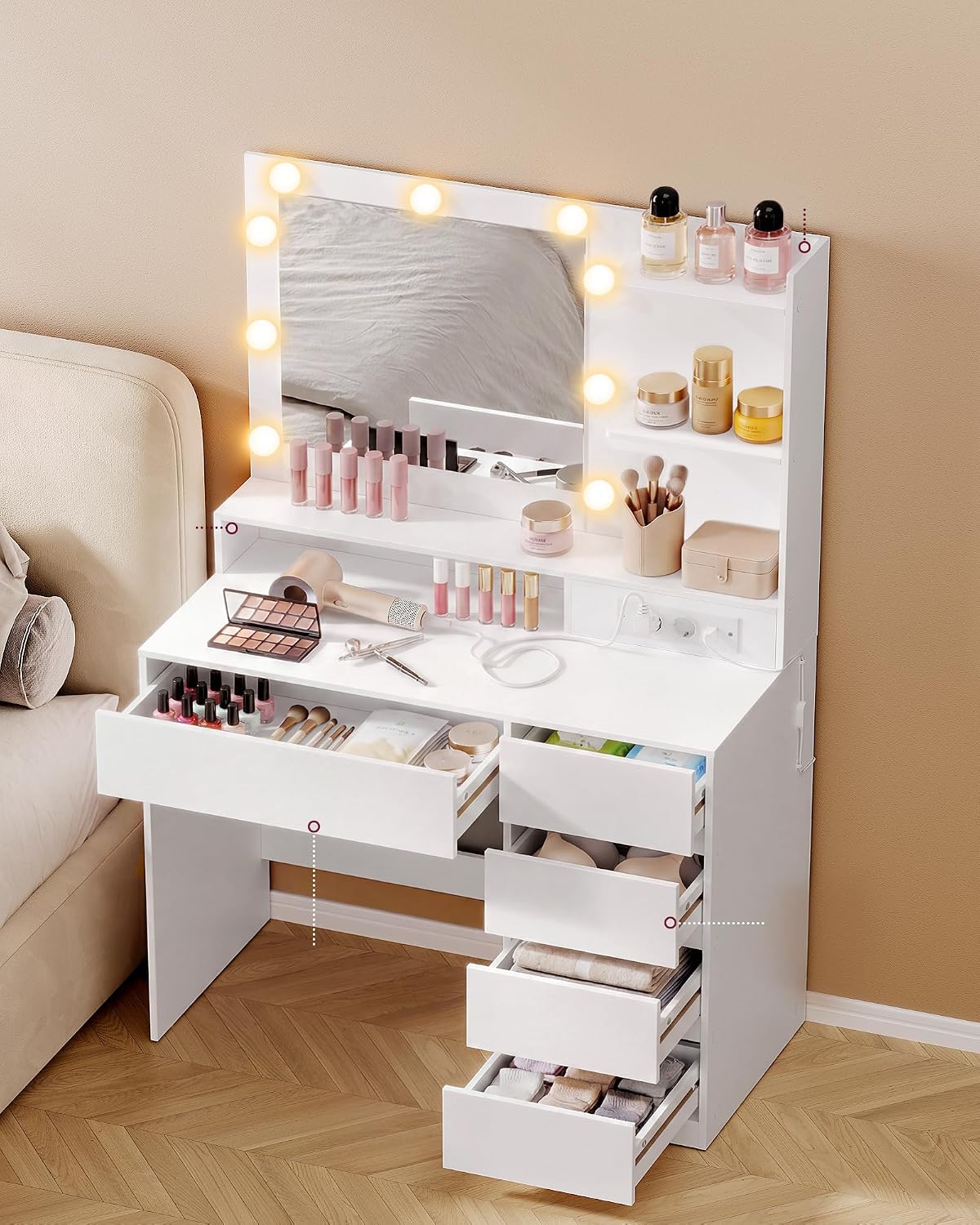Detalle 2 de VASAGLE KAILYN RDT241WB01 – toaletka z lustrem LED, gniazdkiem i 9 szufladami