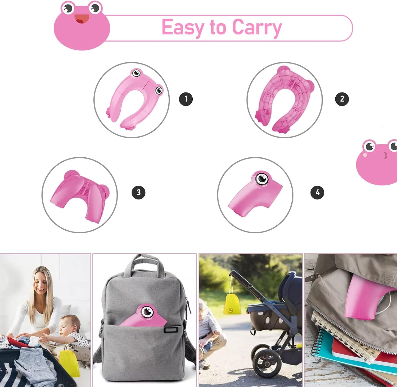 Detalle de Pejoye Portable Travel Toddler Toilet Seat – Foldable Potty for Kids, Pink Frog