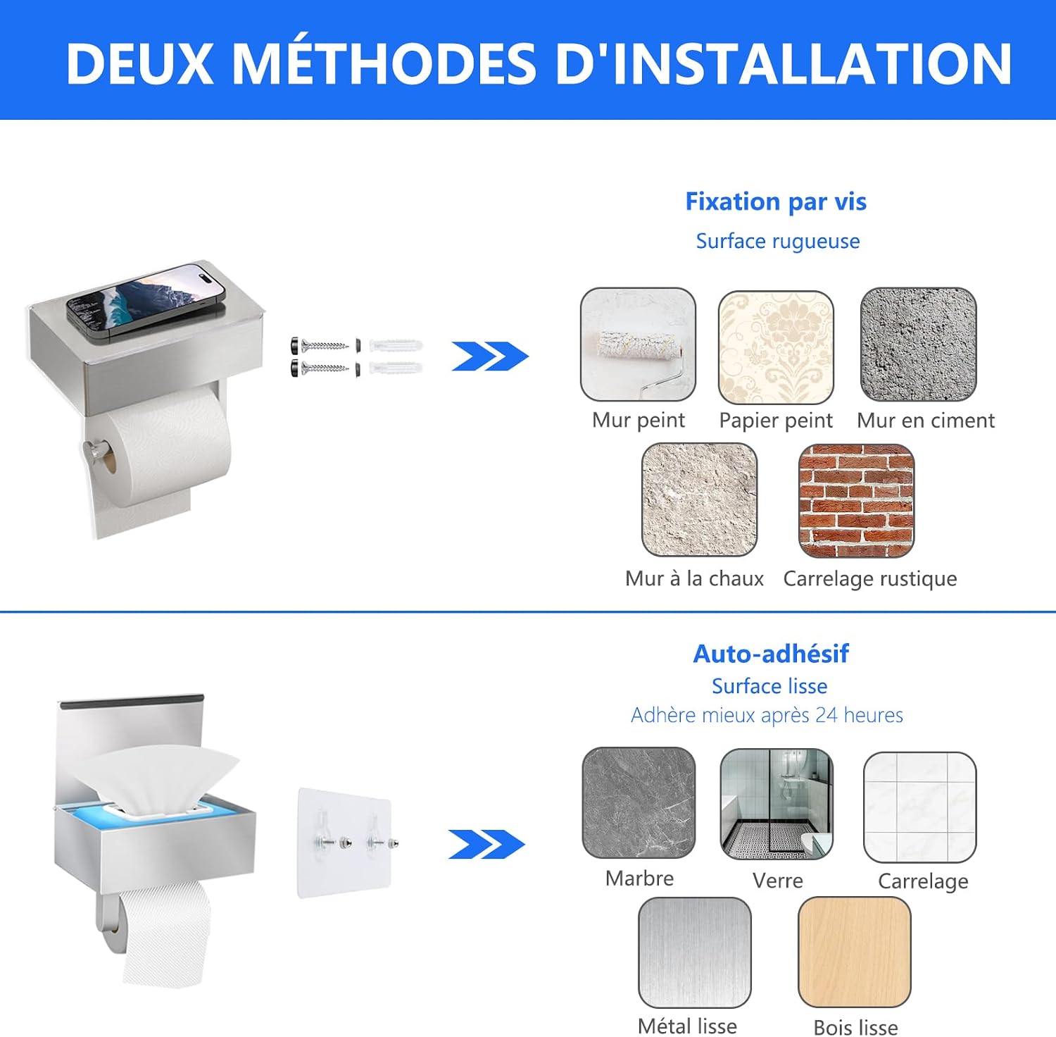 Thumbnail 6 de Porte-Papier Toilette mural GUIGUZI avec étagères et boîte à lingettes – Argent