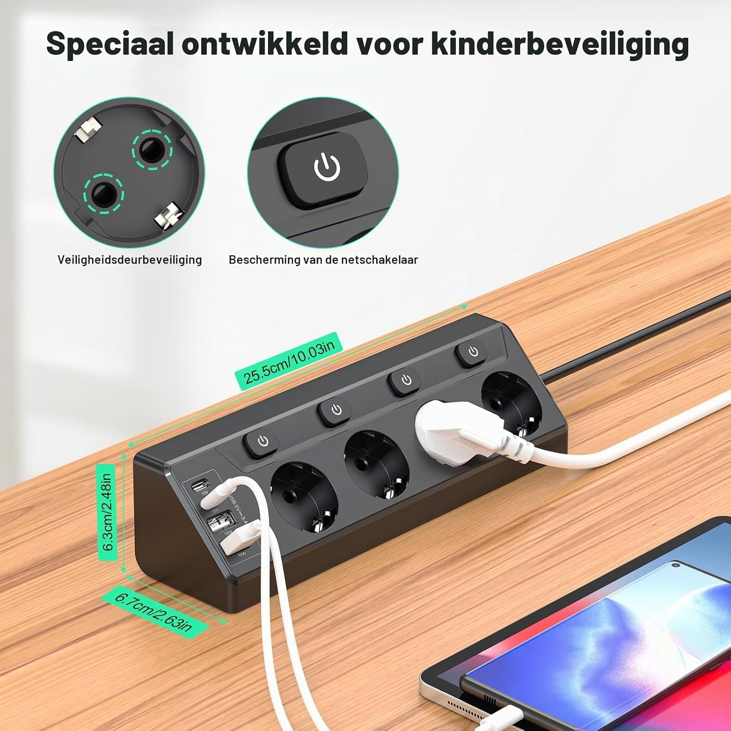 Thumbnail 4 de HITRENDS Hoekstopcontact-Zwart: stekkerdoos met 4 stopcontacten en 4 USB-poorten